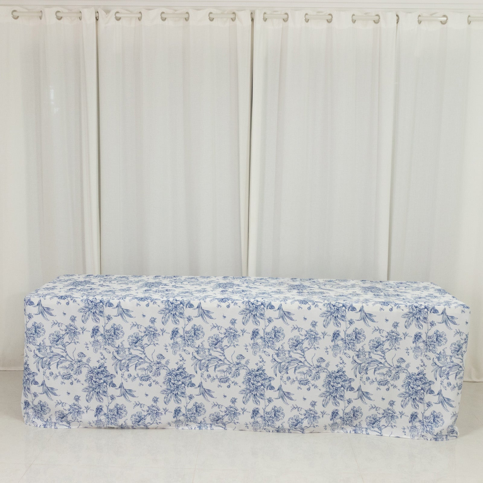 French Toile Fitted Tablecloth 8ft – Blue & White Rectangular Polyester Wrinkle-Resistant Table Cover