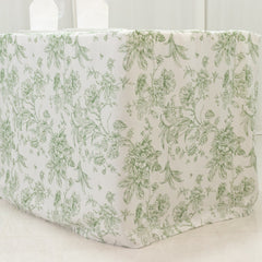 French Toile Fitted Tablecloth 8ft – Dusty Sage Green & White Rectangular Polyester Wrinkle-Resistant Table Cover