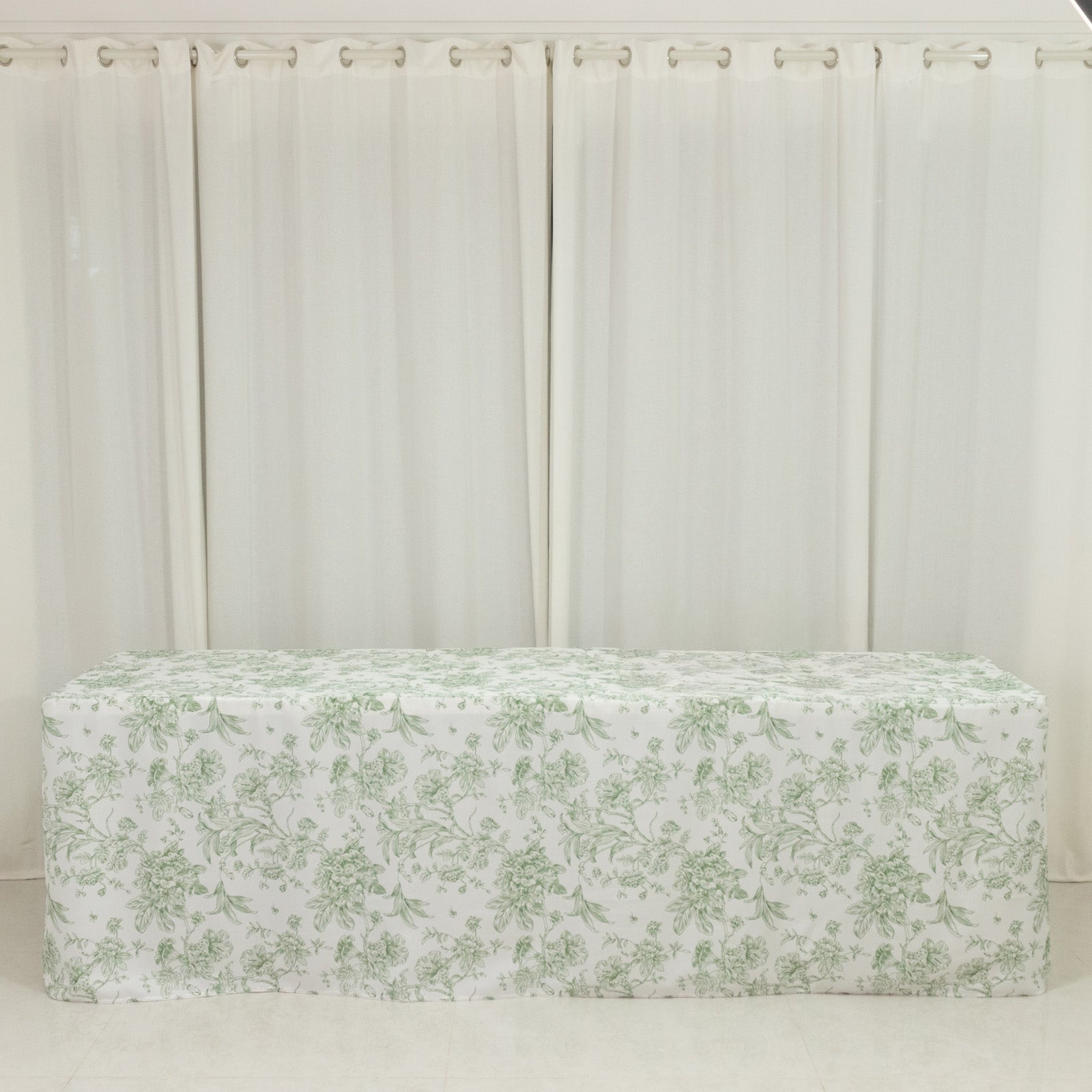 French Toile Fitted Tablecloth 8ft – Dusty Sage Green & White Rectangular Polyester Wrinkle-Resistant Table Cover