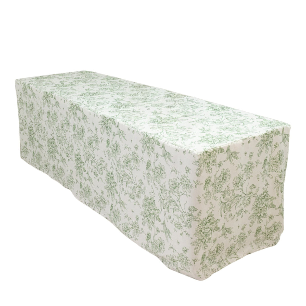 French Toile Fitted Tablecloth 8ft – Dusty Sage Green & White Rectangular Polyester Wrinkle-Resistant Table Cover