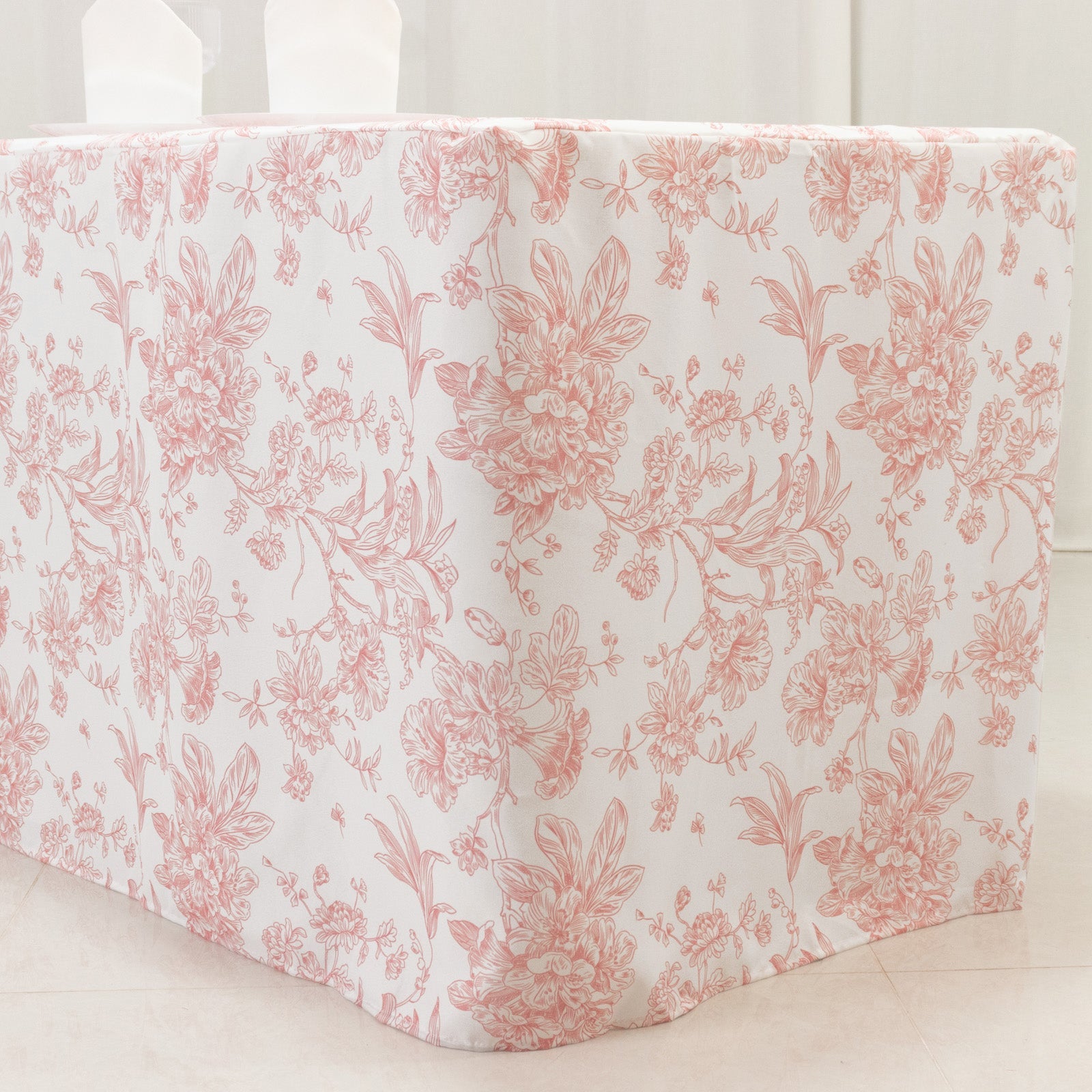 French Toile Fitted Tablecloth 8ft – Pink & White Rectangular Polyester Wrinkle-Resistant Table Cover