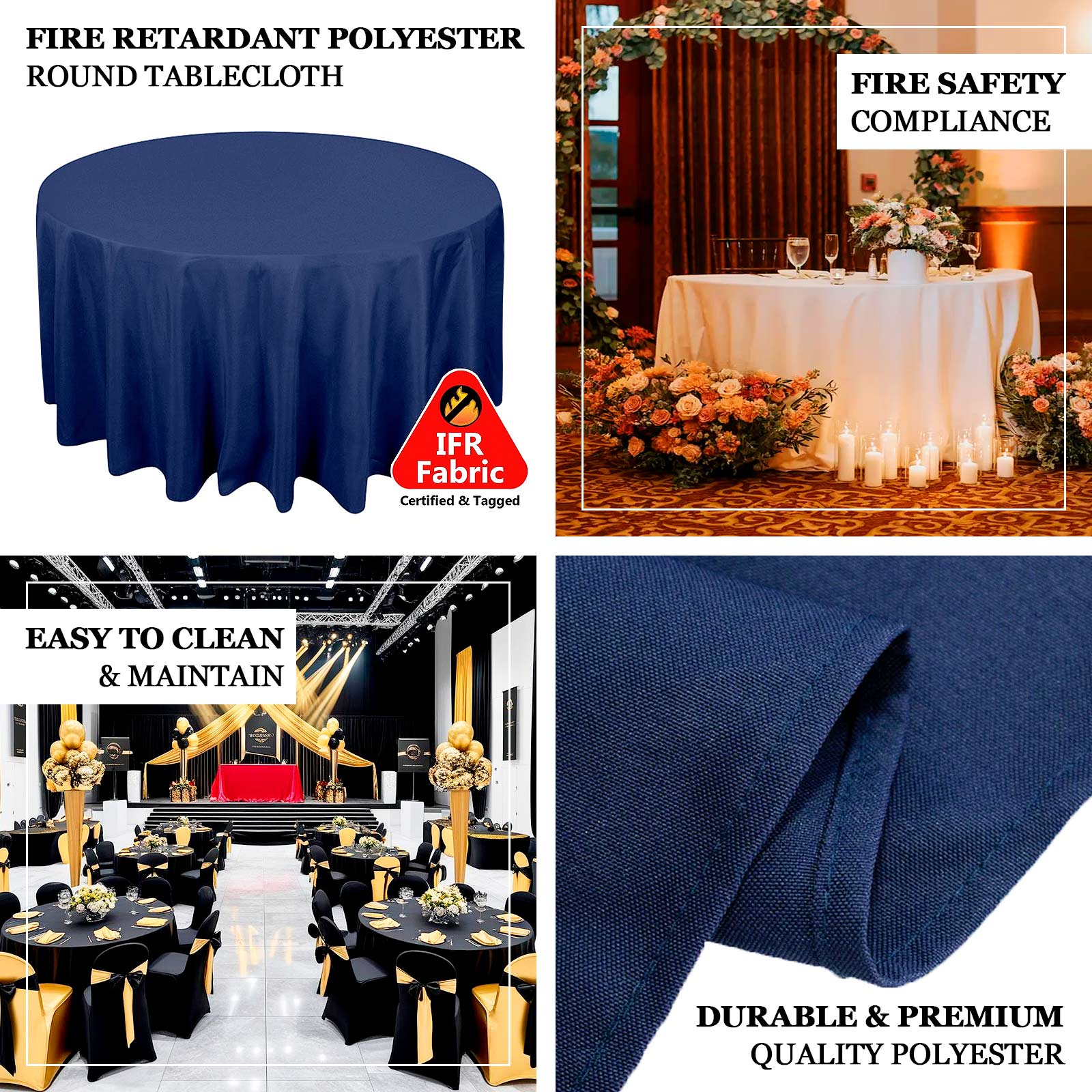 Fire Retardant Premium Polyester 120" Round Tablecloth White - Stylish High-Performance Seamless Table Cover for Large Gatherings