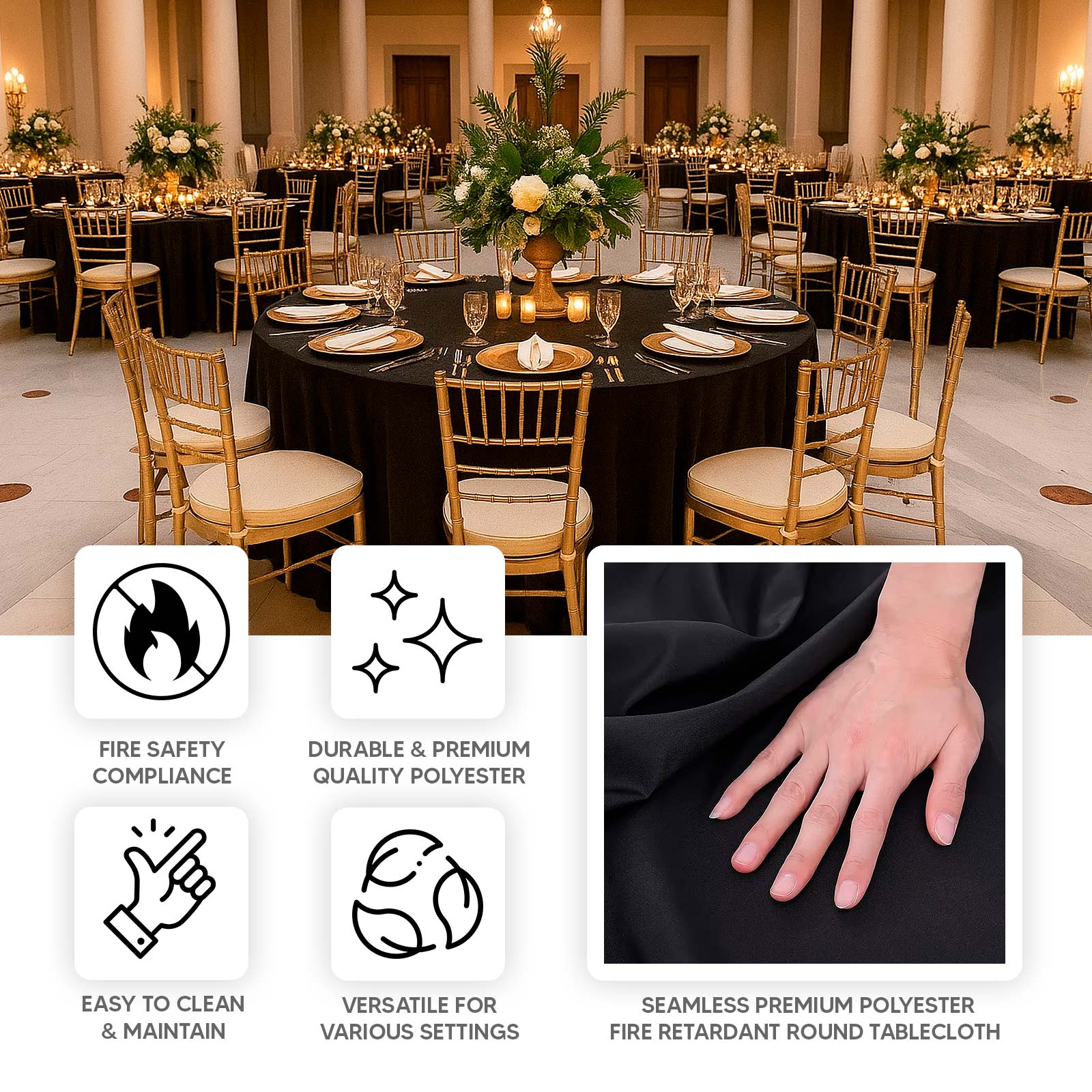 Fire Retardant Premium Polyester 120" Round Tablecloth Black - High-Performance Seamless Table Cover
