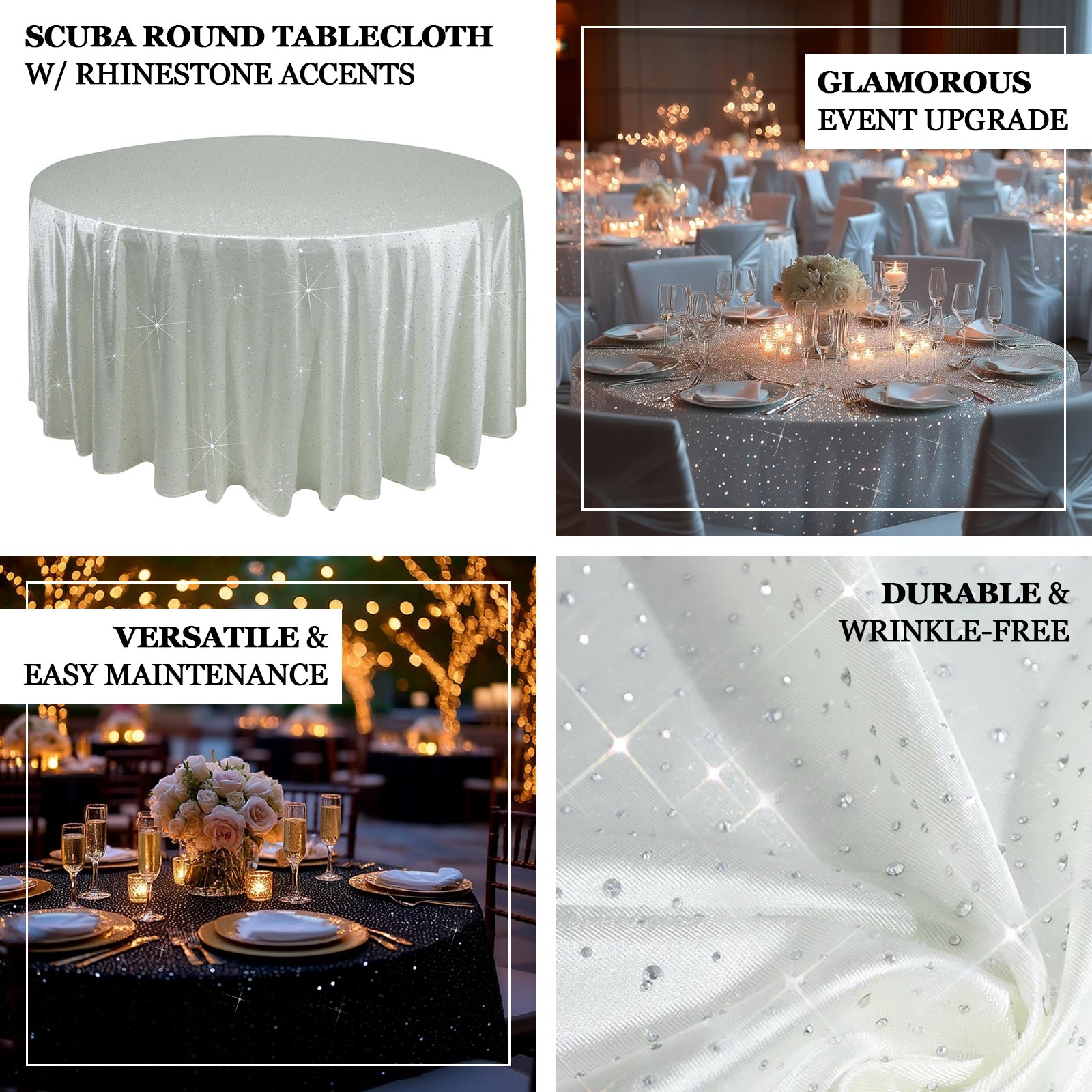 Scuba Round Tablecloth 132″ White with Rhinestone Accents – Seamless, Wrinkle-Free, Stain-Resistant Event Linen