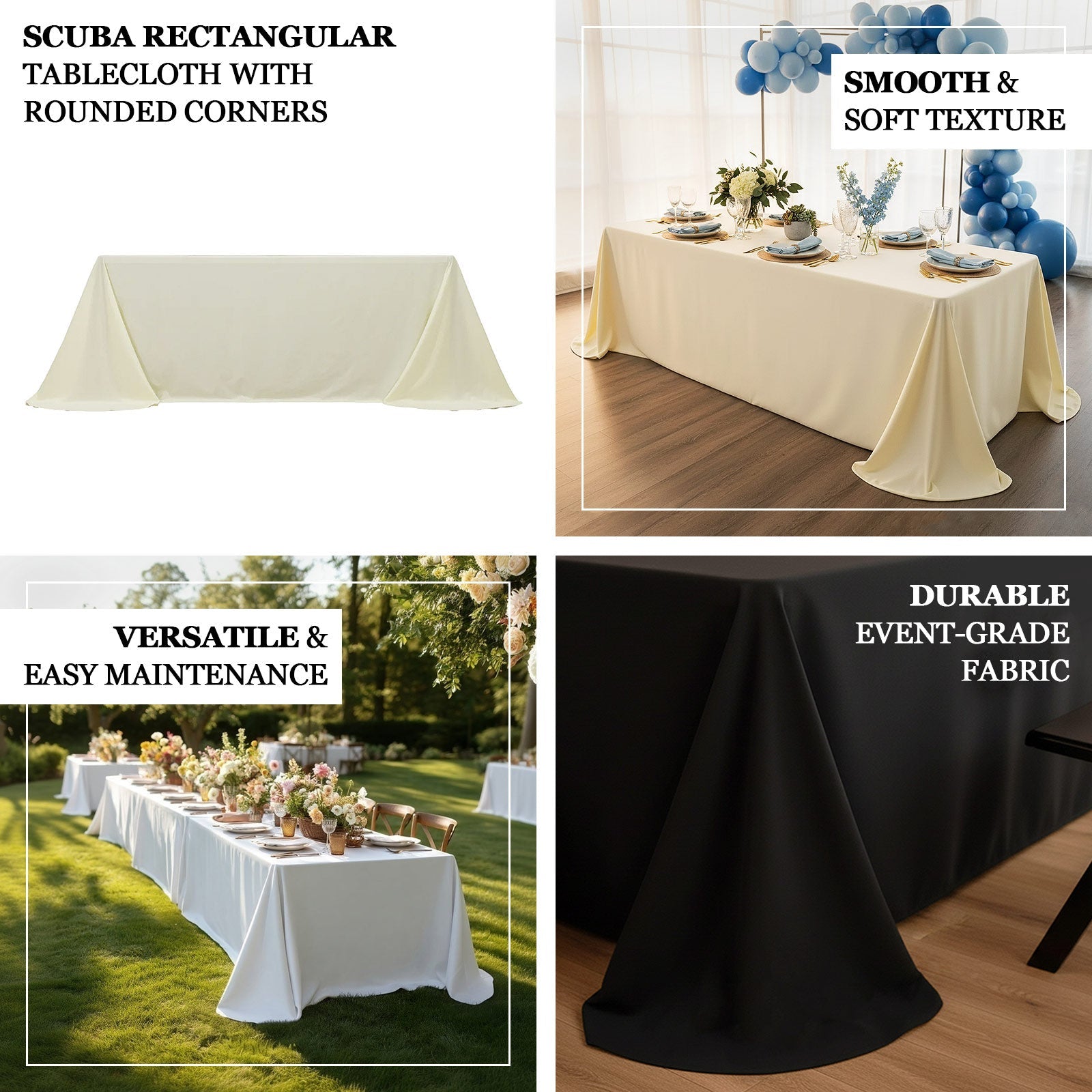 Scuba Rectangular 90"x156" Tablecloth Ivory with Rounded Corners – Seamless, Wrinkle Free & Stain Resistant Table Cover
