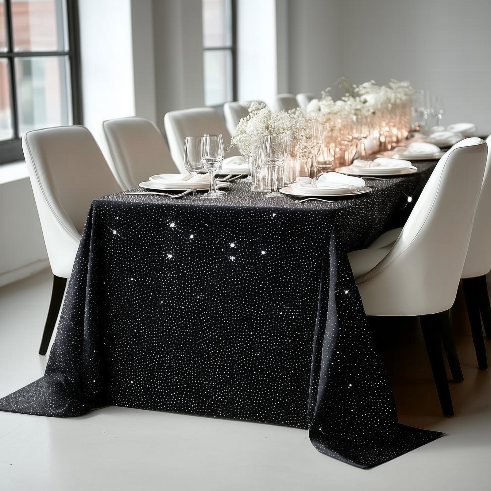 Scuba Rectangular Tablecloth 90"×156" Black with Rhinestone Accents – Seamless, Wrinkle-Free, Stain-Resistant Event Linen