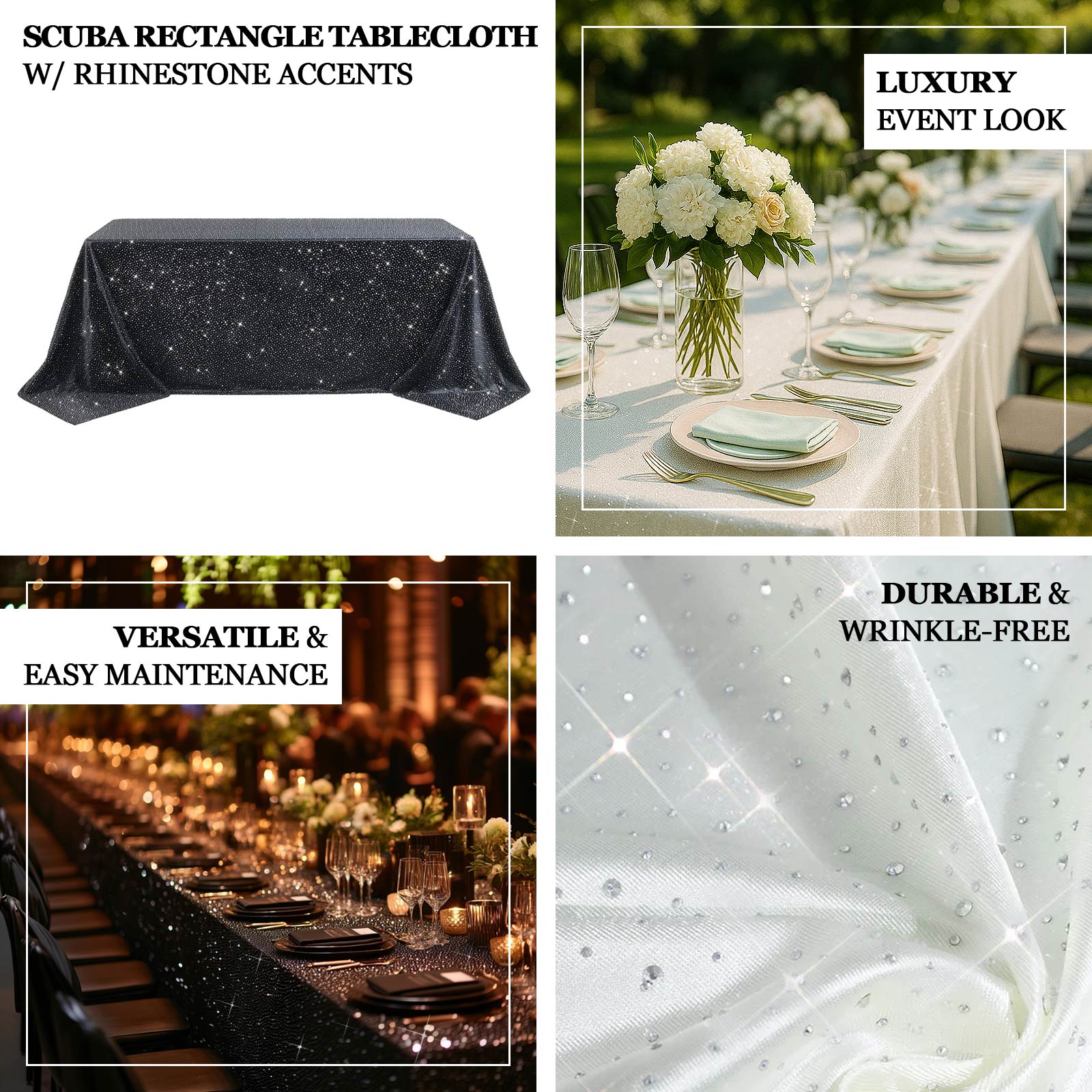Scuba Rectangular Tablecloth 90"×156" Pearl White with Rhinestone Accents – Seamless, Wrinkle-Free, Stain-Resistant Event Linen