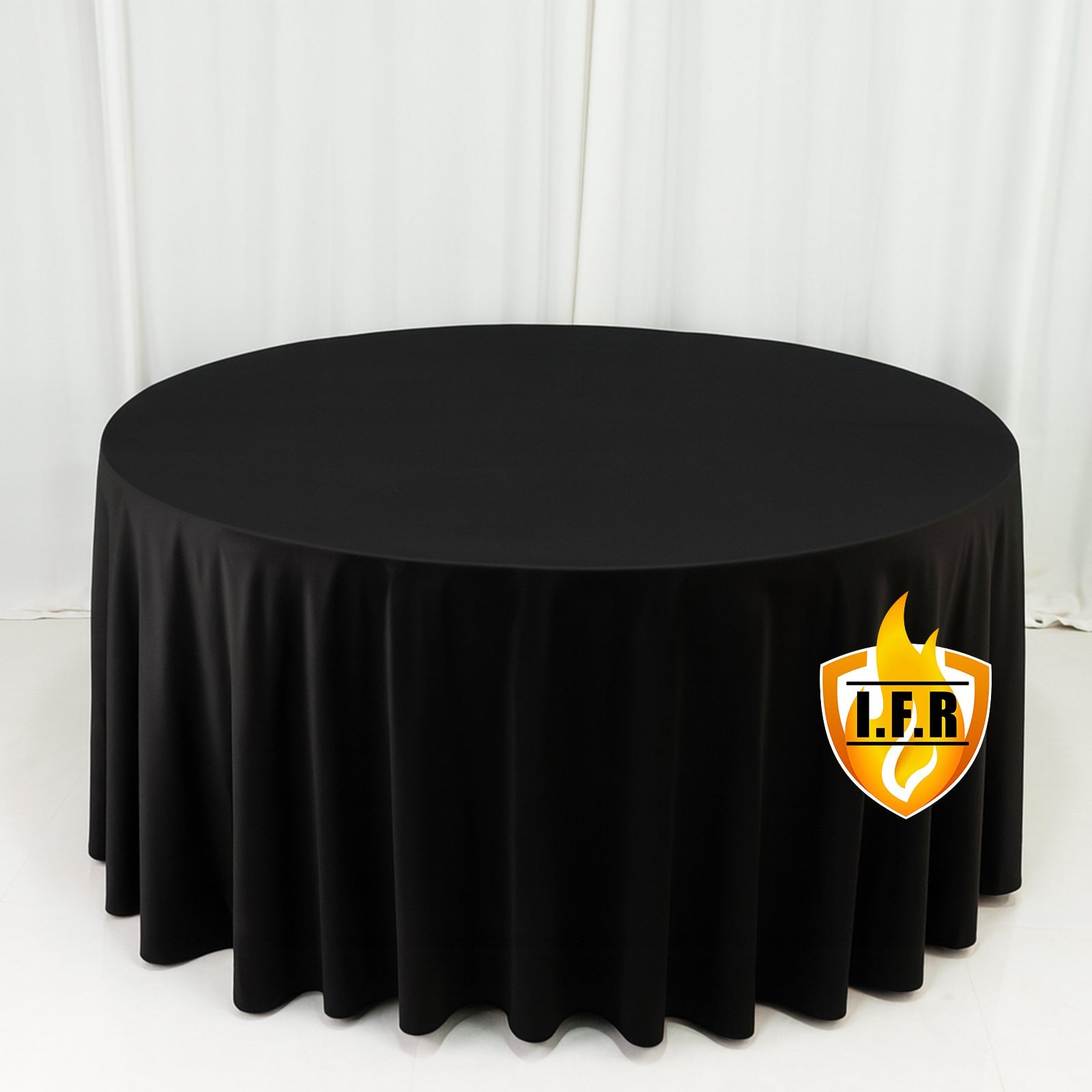 Fire Retardant Scuba Tablecloth – 120" Round Black, Wrinkle Free, Stain Resistant, Seamless Polyester Cover