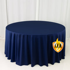 Fire Retardant Scuba Tablecloth – 120" Round Navy Blue, Wrinkle Free, Stain Resistant, Seamless Polyester Cover