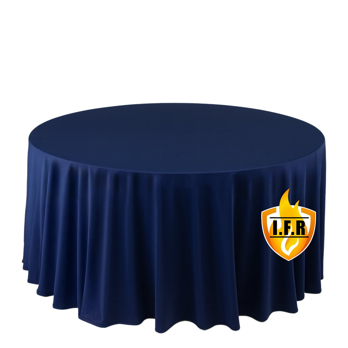 Fire Retardant Scuba Tablecloth – 120" Round Navy Blue, Wrinkle Free, Stain Resistant, Seamless Polyester Cover