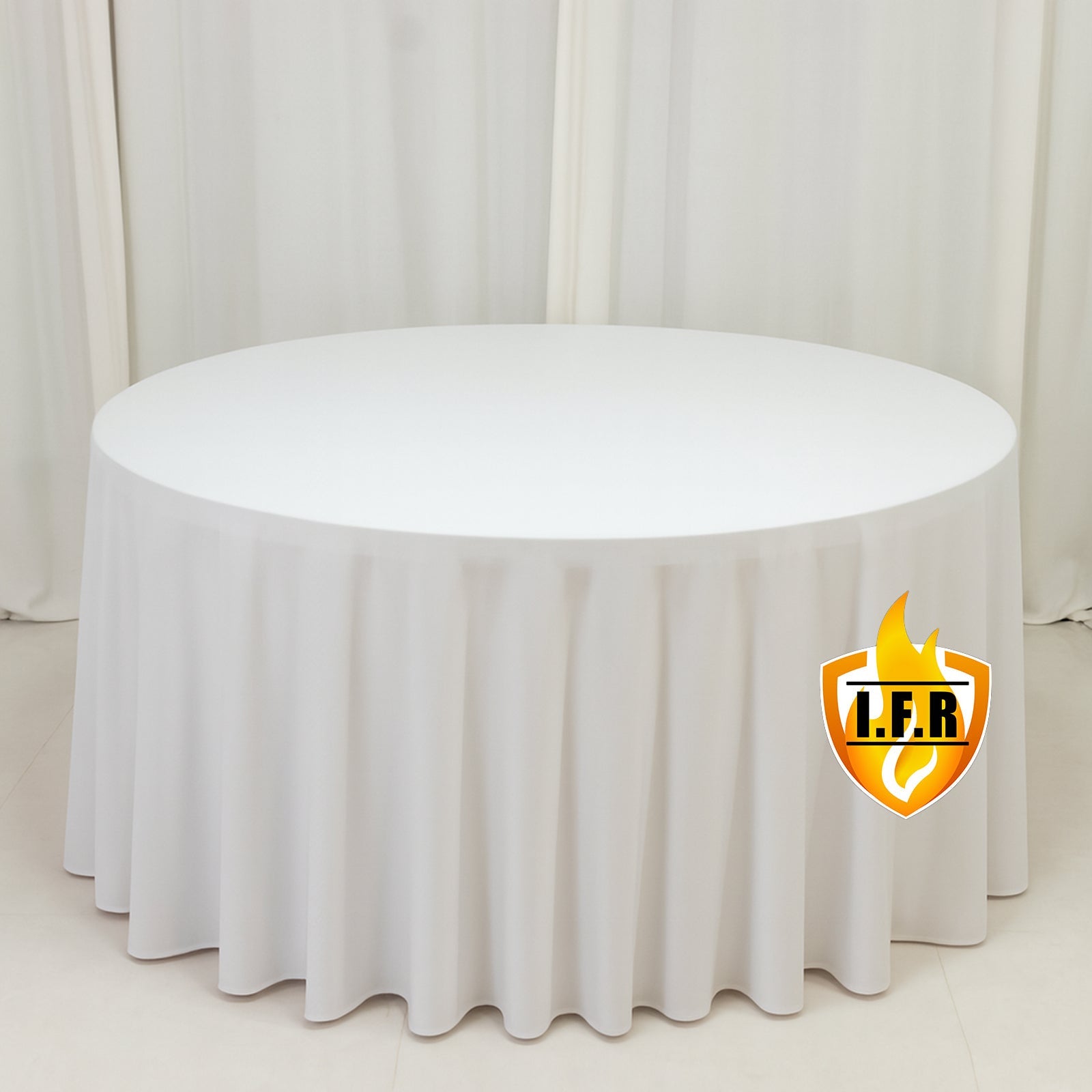 Fire Retardant Scuba Tablecloth – 120" Round White, Wrinkle Free, Stain Resistant, Seamless Polyester Cover