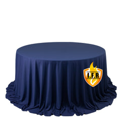 Fire Retardant Scuba Tablecloth – 132" Round Navy Blue, Wrinkle Free, Stain Resistant, Seamless Polyester Cover