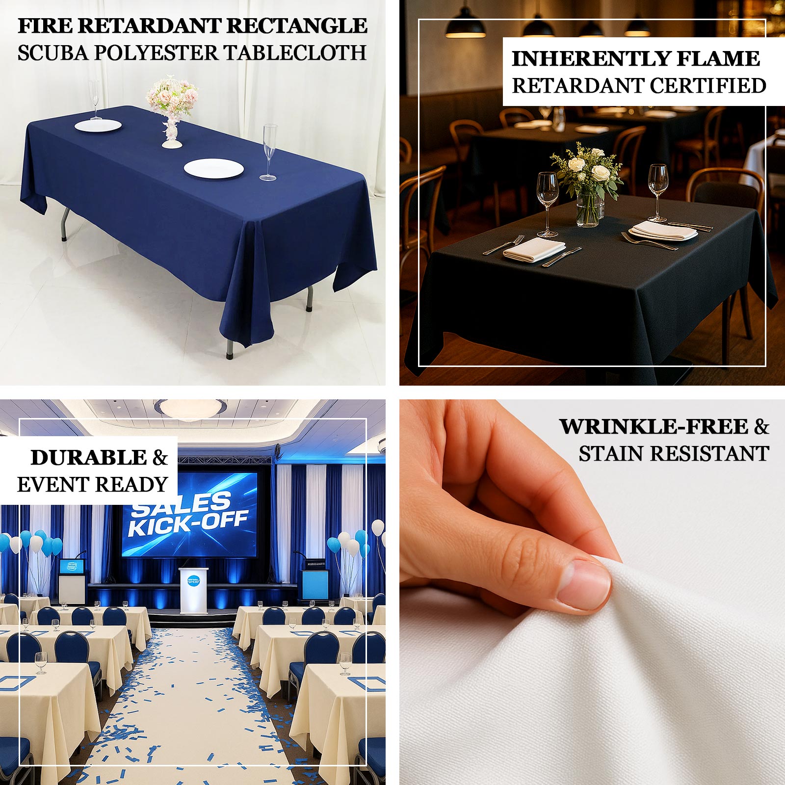 Fire Retardant Scuba Tablecloth – 60"x102" Rectangle Black, Wrinkle Free, Stain Resistant Polyester Cover