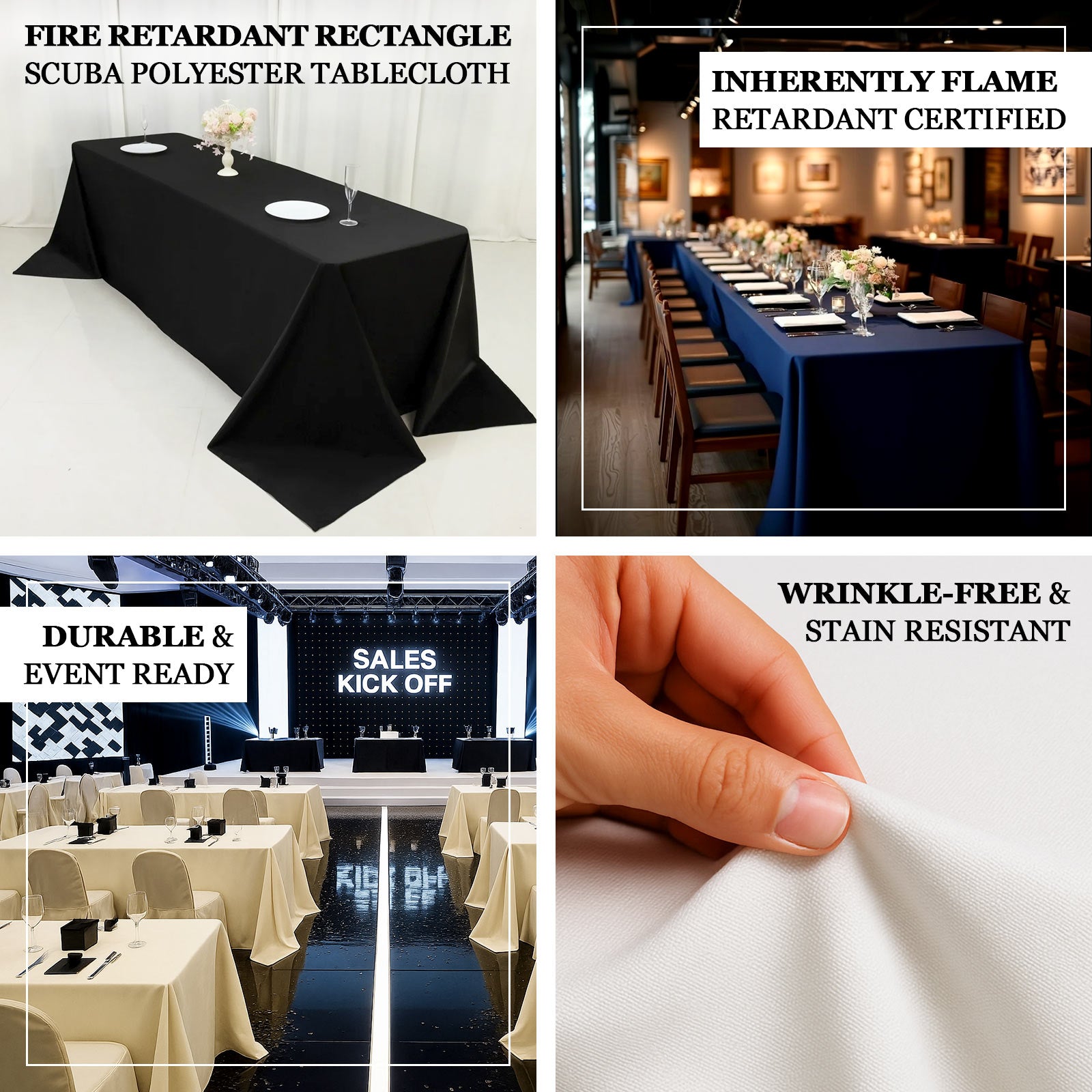 Fire Retardant Scuba Tablecloth – 90"x156" Rectangle Ivory, Wrinkle Free, Stain Resistant, Seamless Polyester Cover