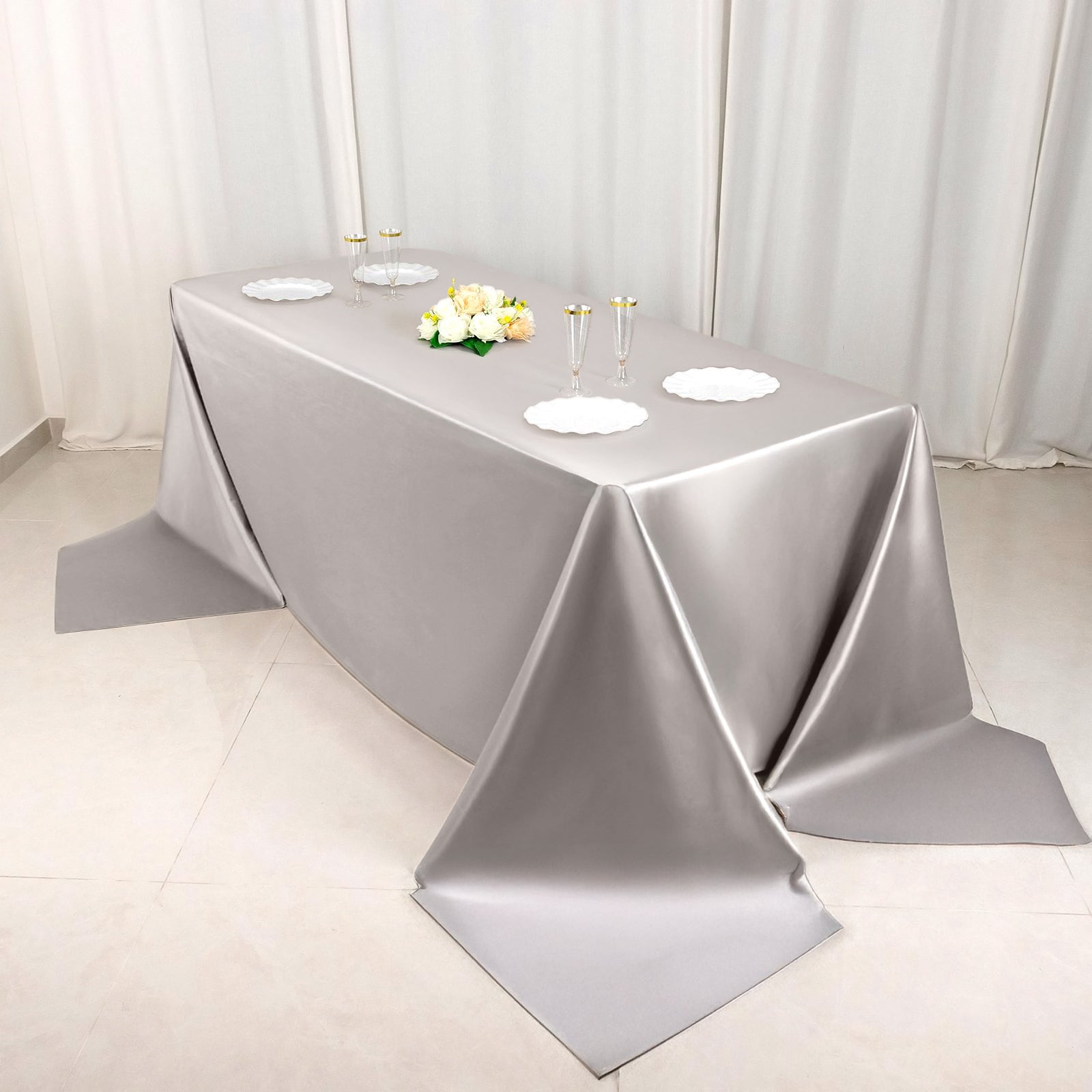Scuba Rectangular 90"x156" Tablecloth Shimmering Silver - Wrinkle Free & Stain Resistant Seamless Table Cover