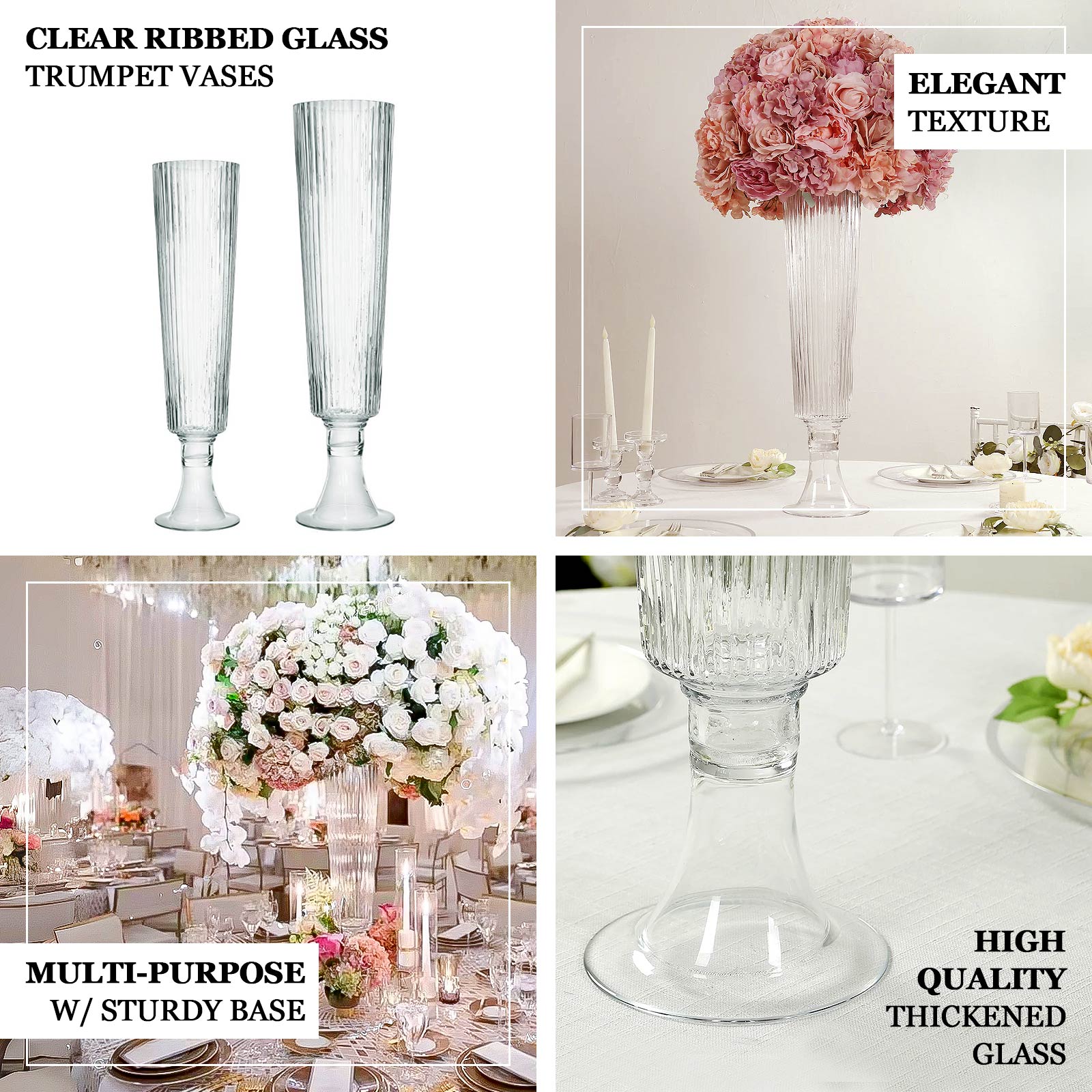 2-Pack Glass Trumpet Vases Ribbed Design Clear - Durable Flower Centerpieces for Events 32"