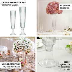 2-Pack Glass Trumpet Vases Ribbed Design Clear - Durable Flower Centerpieces for Events 32"