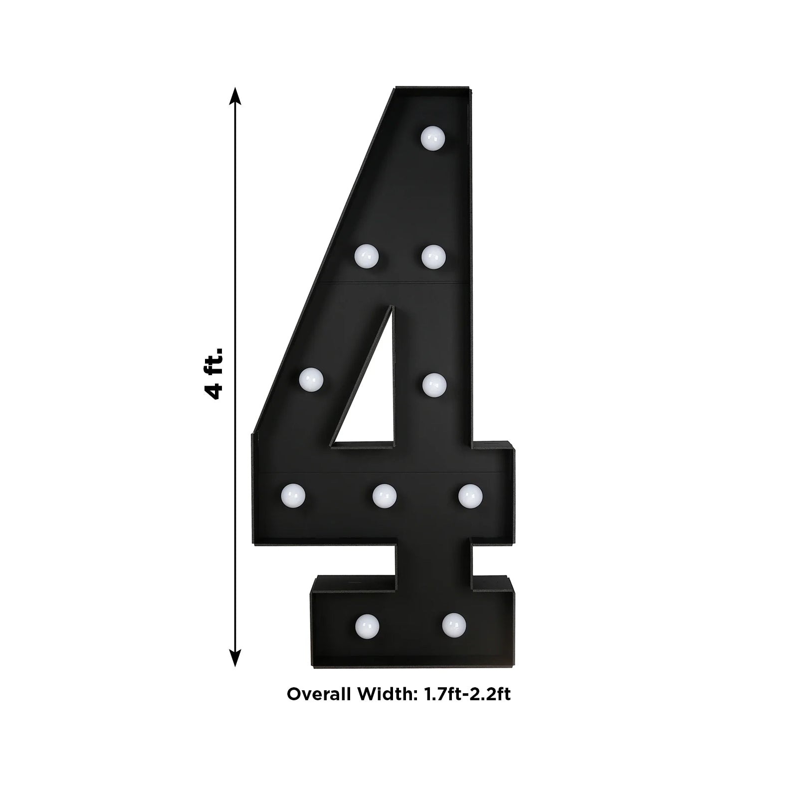 Giant LED Marquee Light Up Number "4", Black 4ft Pre-Cut Foam Board with 10 Warm White Battery Operated LEDs, Glue Gun and Sticks