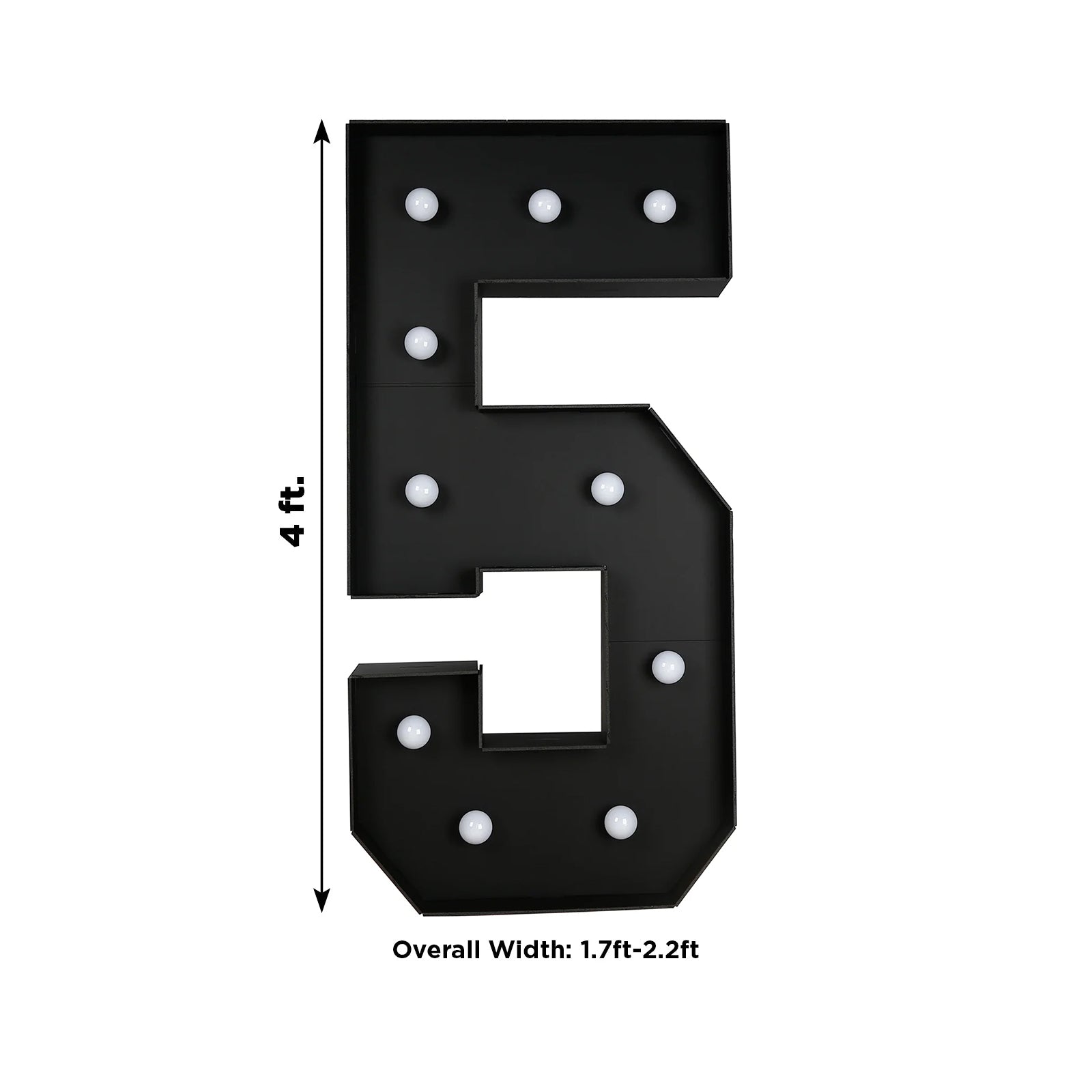 Giant LED Marquee Light Up Number "5", Black 4ft Pre-Cut Foam Board with 10 Warm White Battery Operated LEDs, Glue Gun and Sticks