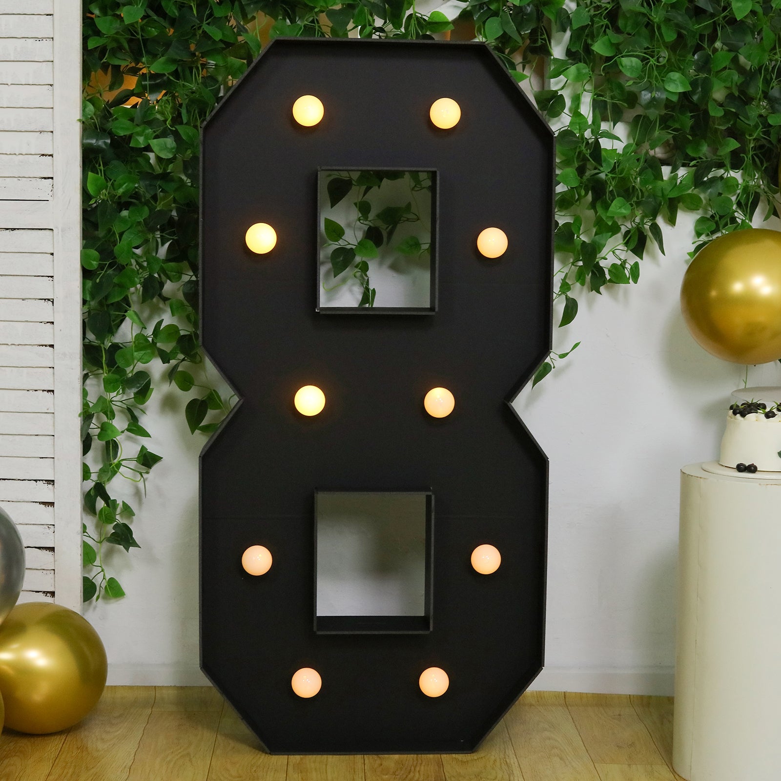Giant LED Marquee Light Up Number "8", Black 4ft Pre-Cut Foam Board with 10 Warm White Battery Operated LEDs, Glue Gun and Sticks