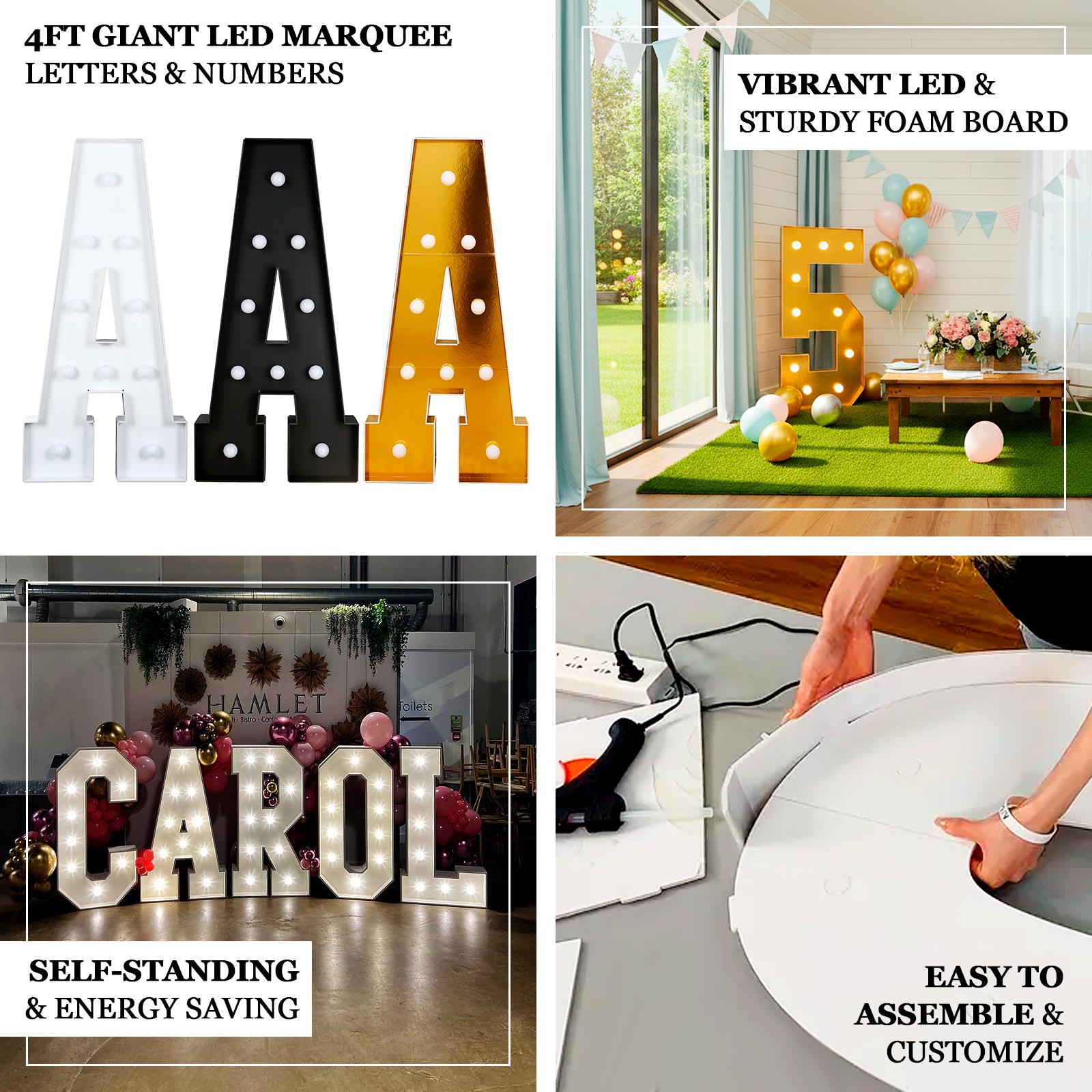 Giant LED Marquee Light Up Letter "Y", Gold 4ft Pre-Cut Foam Board with 10 Warm White Battery Operated LEDs, Glue Gun and Sticks