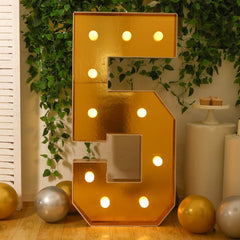 Giant LED Marquee Light Up Number "5", Gold 4ft Pre-Cut Foam Board with 10 Warm White Battery Operated LEDs, Glue Gun and Sticks