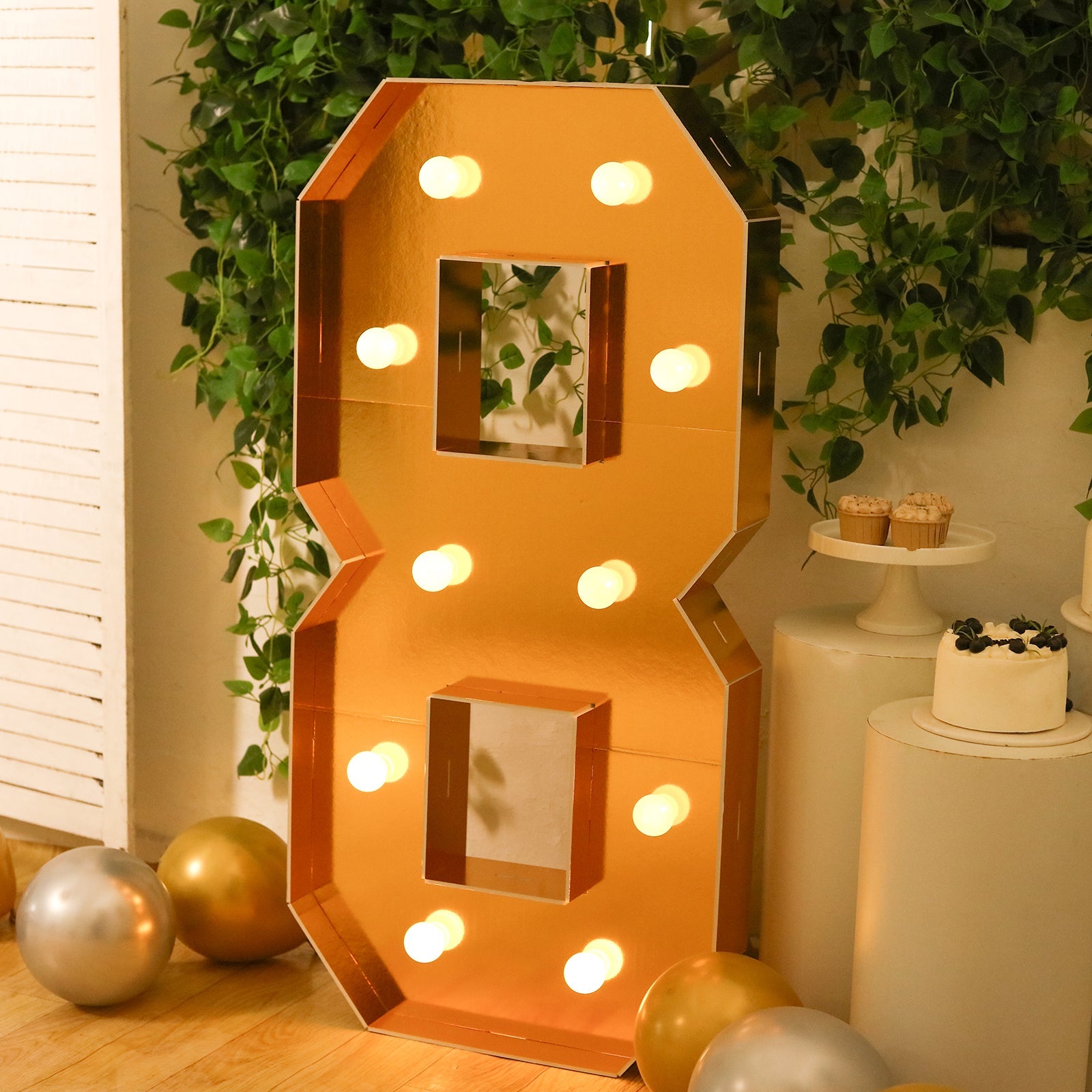 Giant LED Marquee Light Up Number "8", Gold 4ft Pre-Cut Foam Board with 10 Warm White Battery Operated LEDs, Glue Gun and Sticks