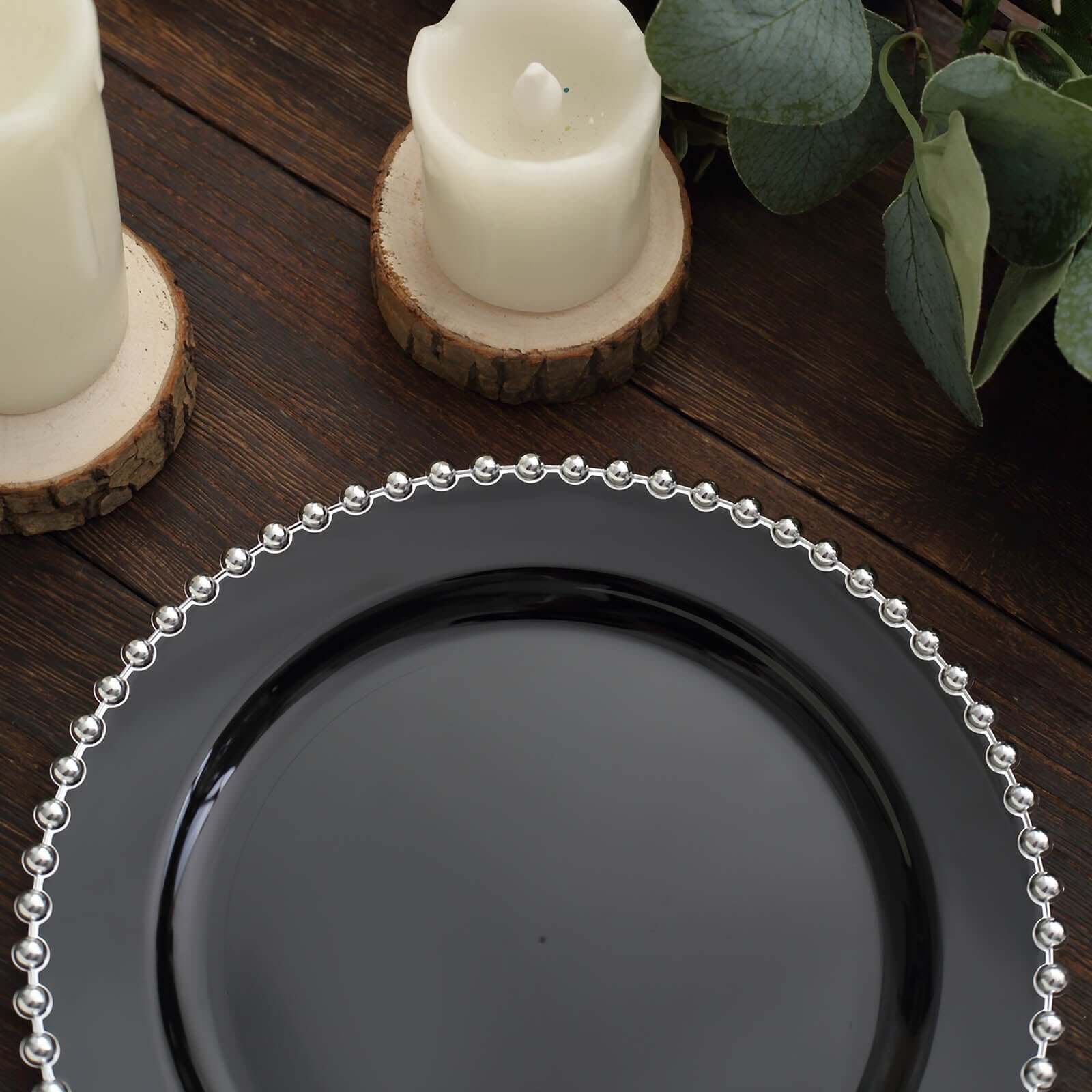 10-Pack Black Plastic Dessert Plates – 8" Round with Silver Beaded Rim, Disposable for Parties & Events