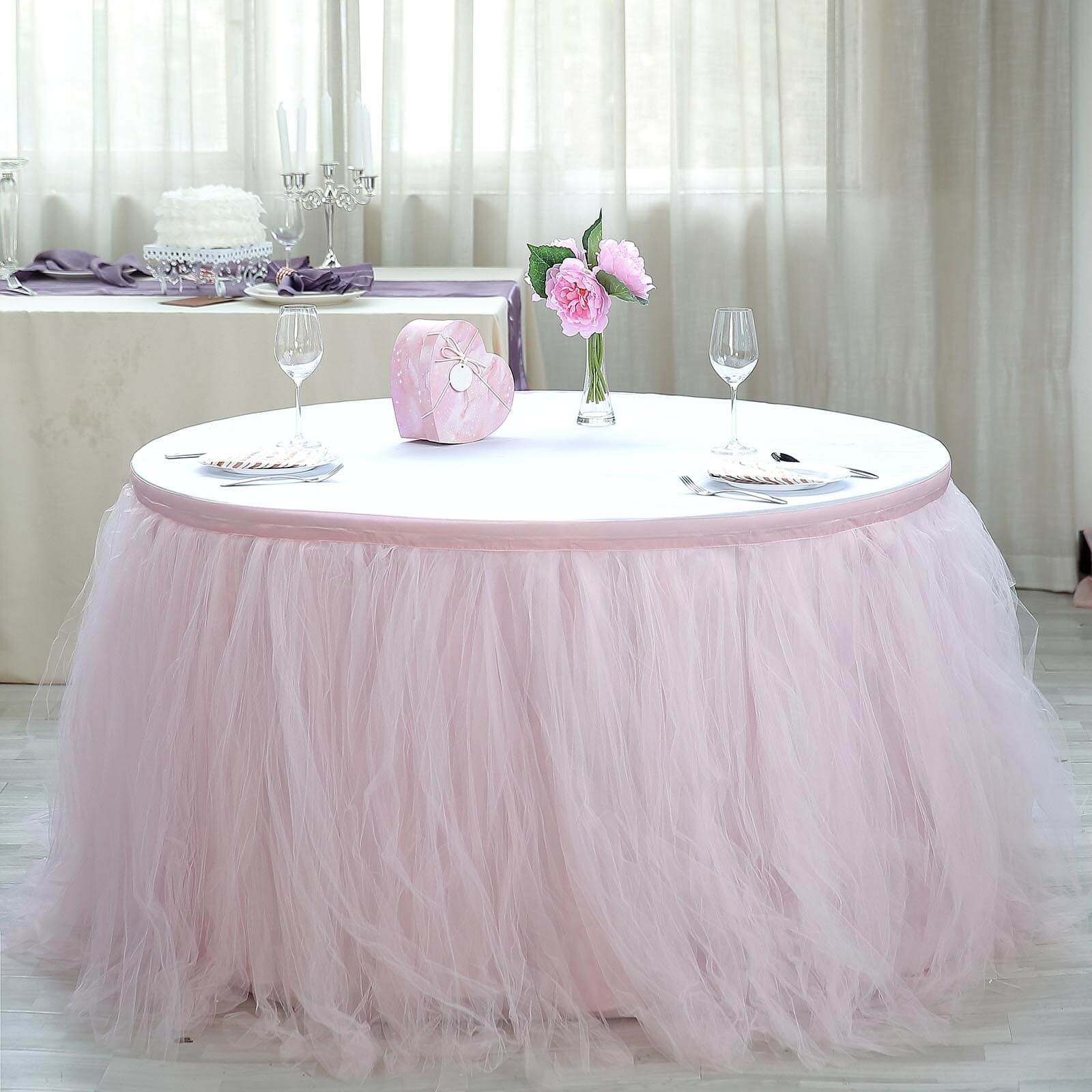 Tulle 17ft Table Skirt Blush - 4 Layer Pleated Tutu Table Cover