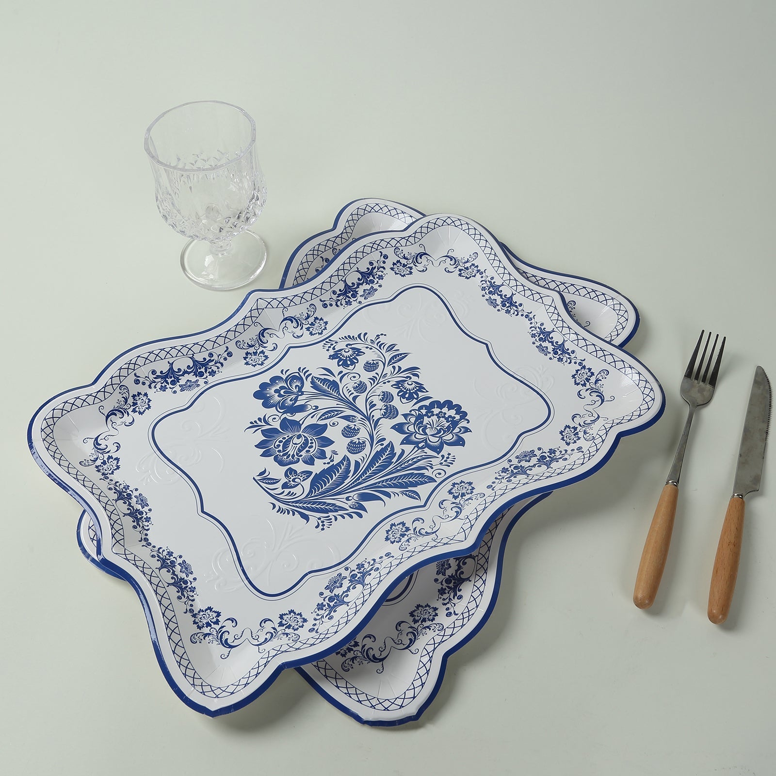 10-Pack Paper 14"x10" Rectangle Serving Trays White Royal Blue Damask Floral Pattern for Weddings & Parties