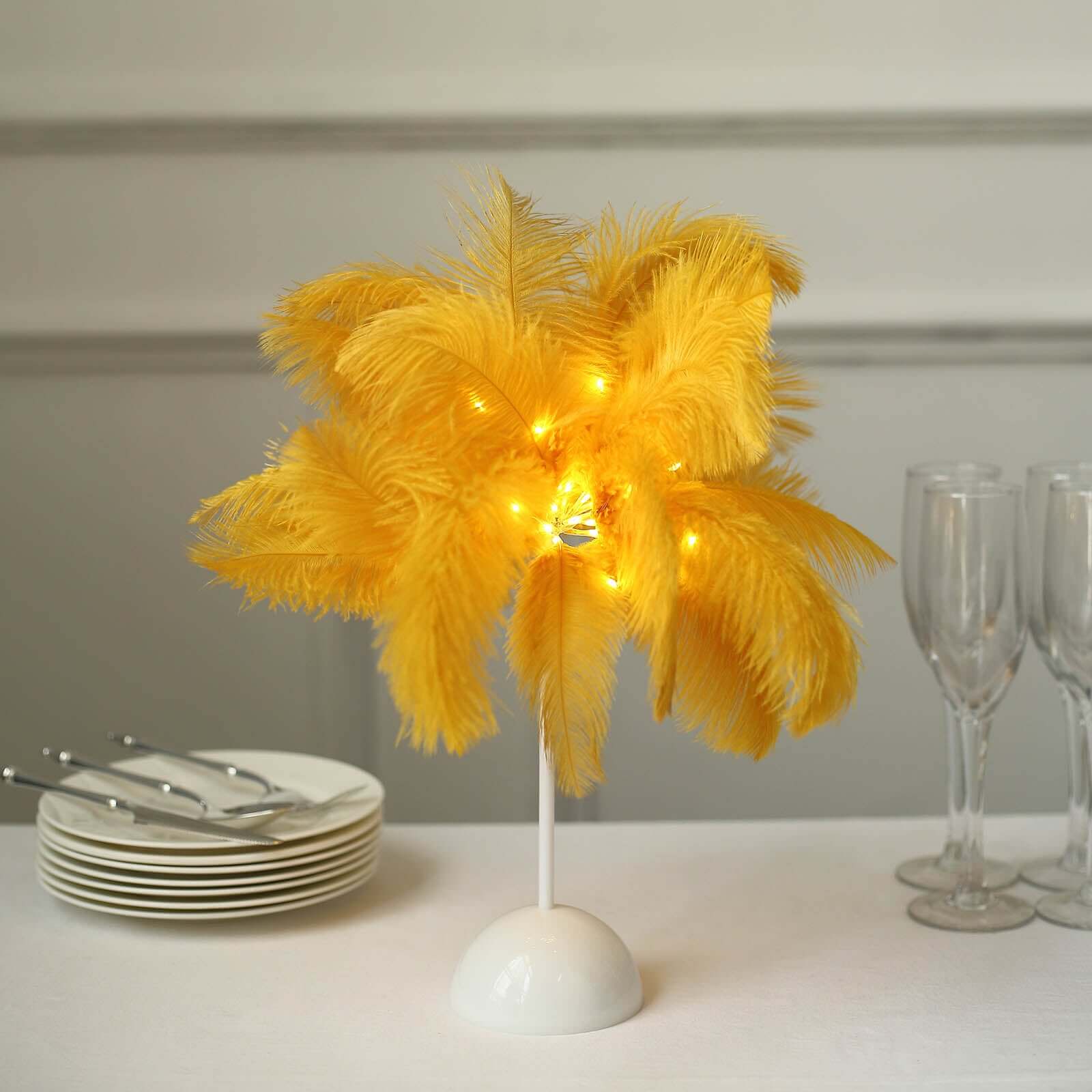 Table Lamp Ostrich Feather Design Gold LED Battery Operated - Cordless Wedding Centerpiece 15"