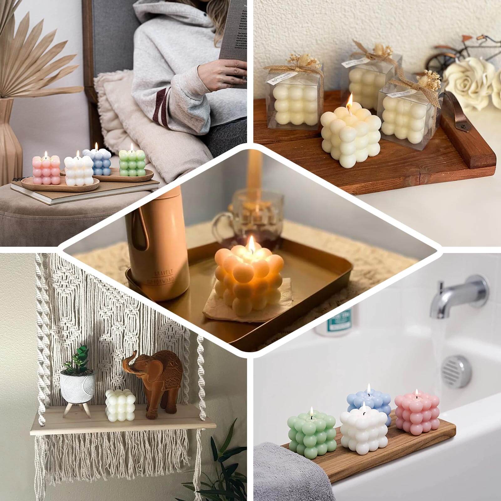 2-Pack Decorative Paraffin Wax Candles Bubble Cube Design Blush - Unscented Long Burning Pillar Candle Set 2"