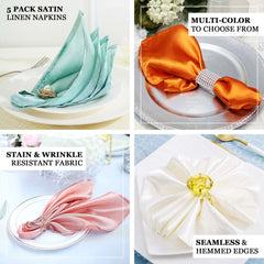 5 Pack Satin 20"x20" Napkins Peacock Teal - Luxurious Shine & Smooth Dinner Napkins