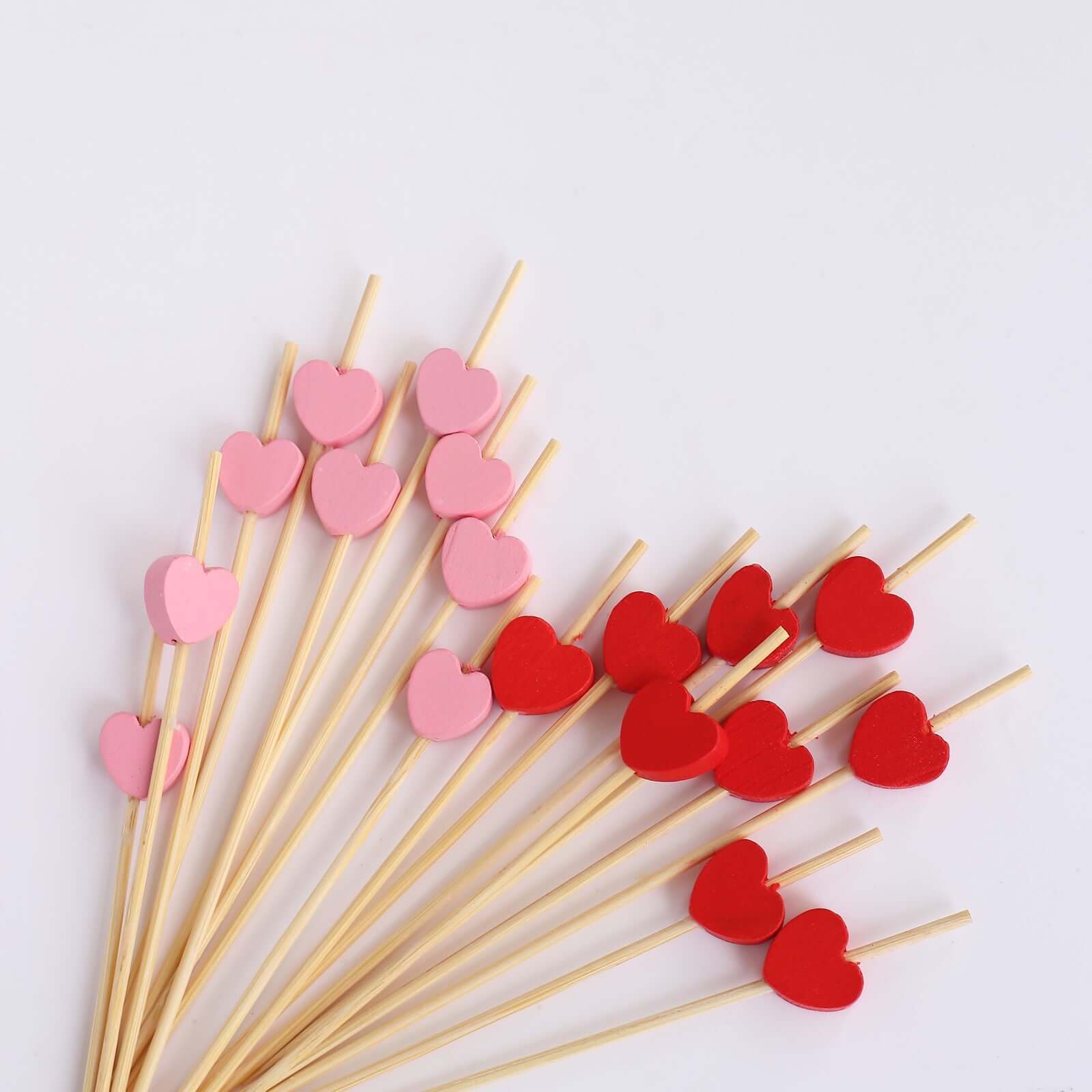 100-Pack Bamboo Cocktail Sticks Heart Design Eco Friendly Red/Pink - Biodegradable Fruit Appetizer Party Picks 5"