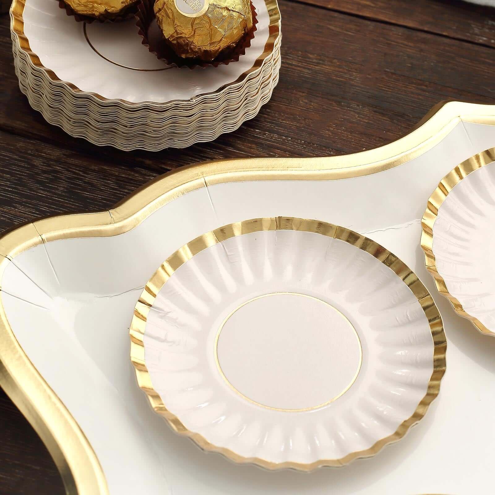 50-Pack Paper 3.5" Round Party Plates in White with Gold Scalloped Rim - Disposable Mini 250GSM Dessert Plates for Tapas, Appetizers & Finger Foods