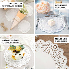 100 Pcs Paper 14" Round Placemats in White - Food Grade Lace Paper Doilies for Dessert Display & Table Decor