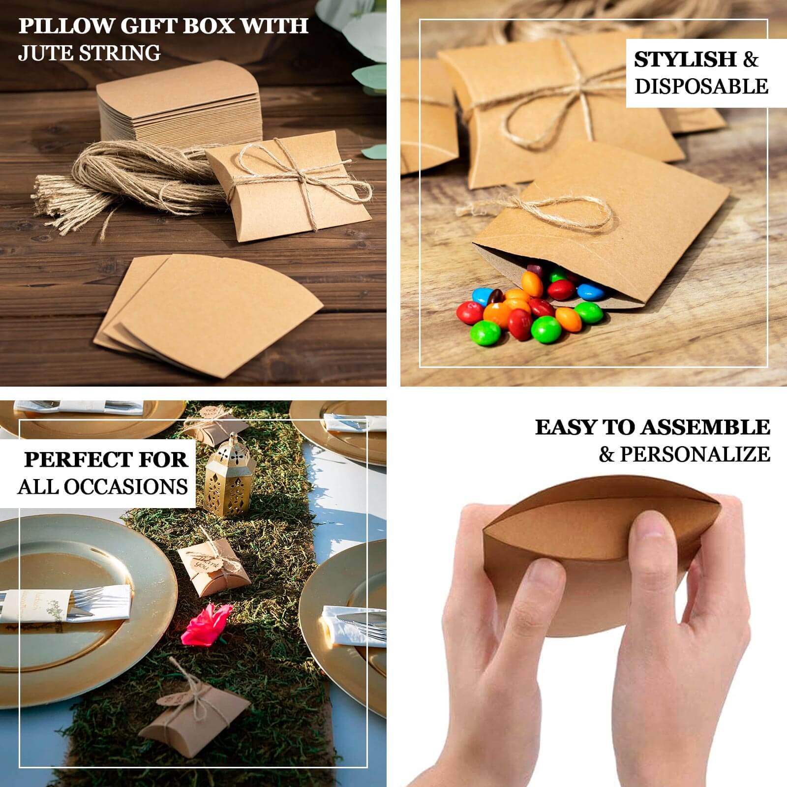 50 Pack 4.5"x3.5" Natural Brown Paper Wedding Favor Pillow Boxes with Burlap Twine, Party Gift Boxes