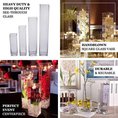 12-Pack Glass Cylinder Vases Square Clear - Durable Heavy Duty Floral Centerpieces for Weddings 10"