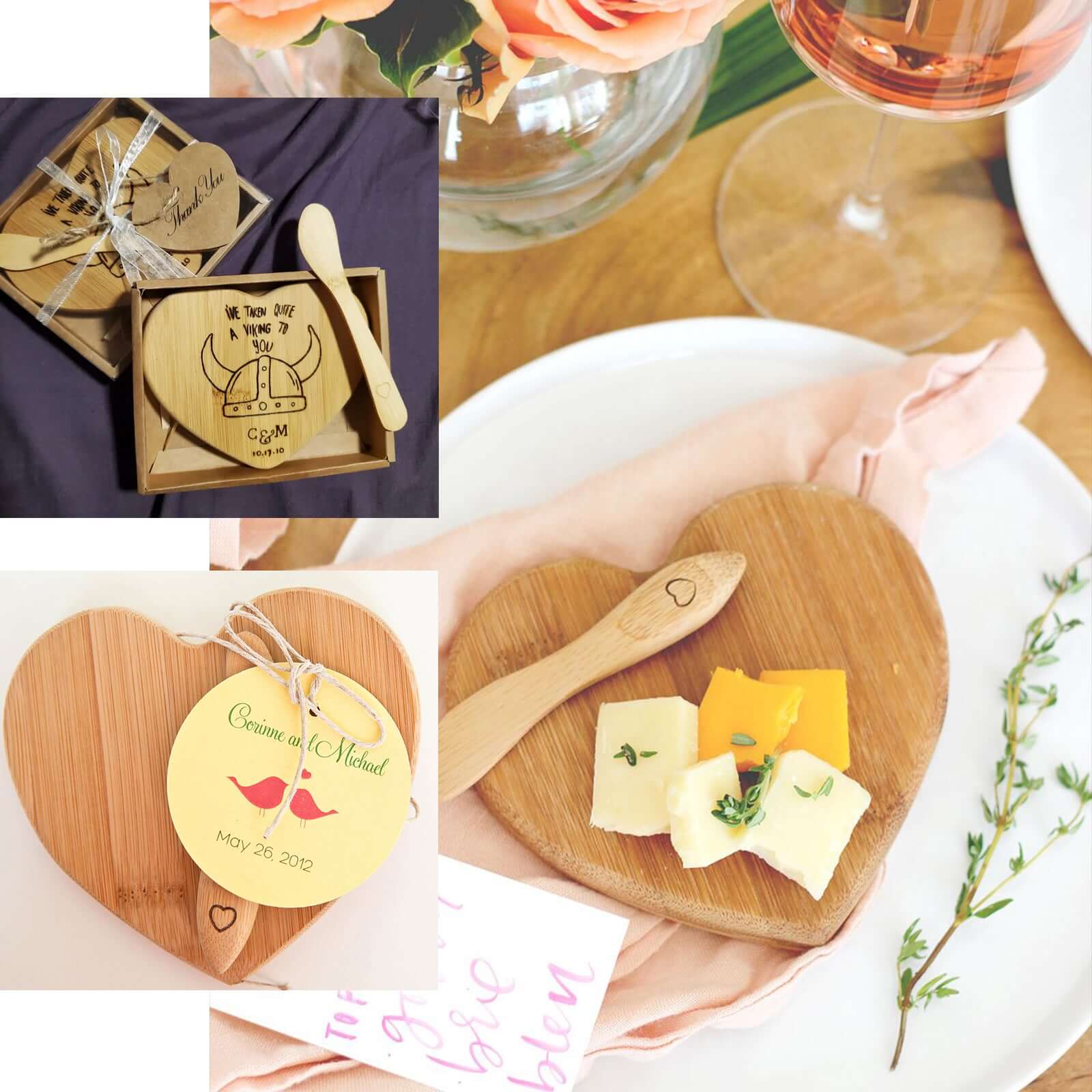Heart Shaped Bamboo Brie Cheese Board and Knife Set Party Favor with Clear Gift Box, Ribbon & Thank You Tag