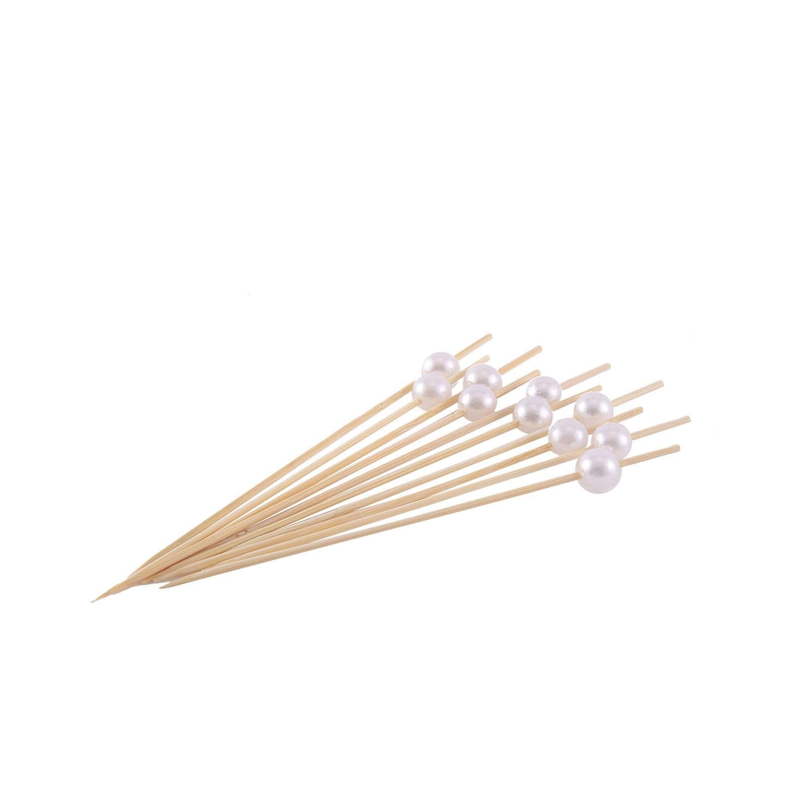 100-Pack Bamboo Cocktail Picks Natural Pearl Decorative Top Design - Eco Friendly Stir Sticks 5"