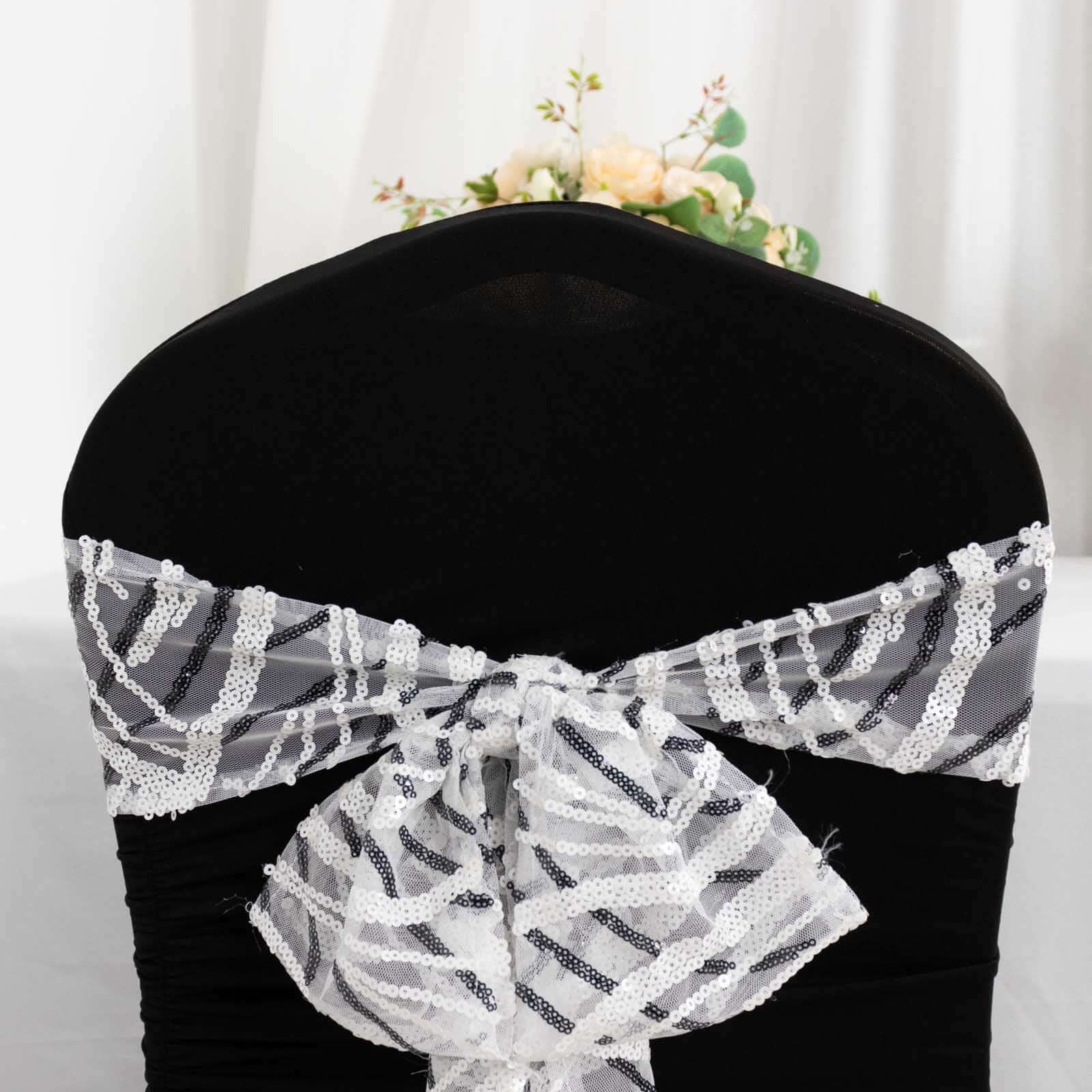 5 Pack Chair Sashes with Wave Embroidered Sequins White/Black 6"x88" - Stylish Glittering Decor for Weddings