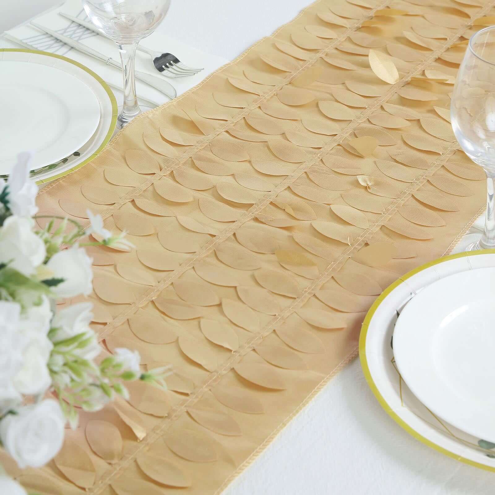 Taffeta Fabric 12"x108" Table Runner Champagne - 3D Leaf Petal Design