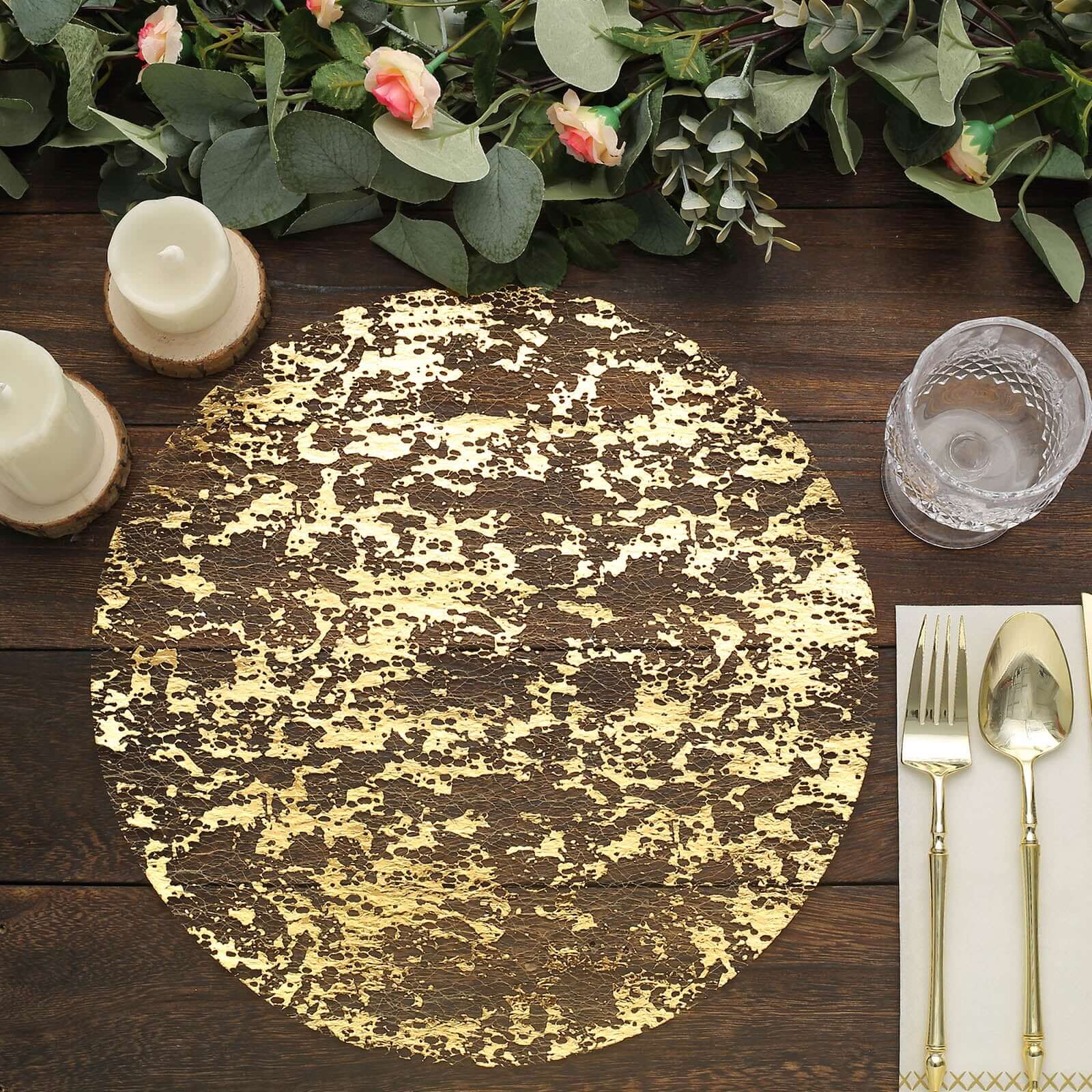 10-Pack Table Placemats Foil Design Metallic Gold Round - Mesh Disposable Shiny Dining Mats 13"