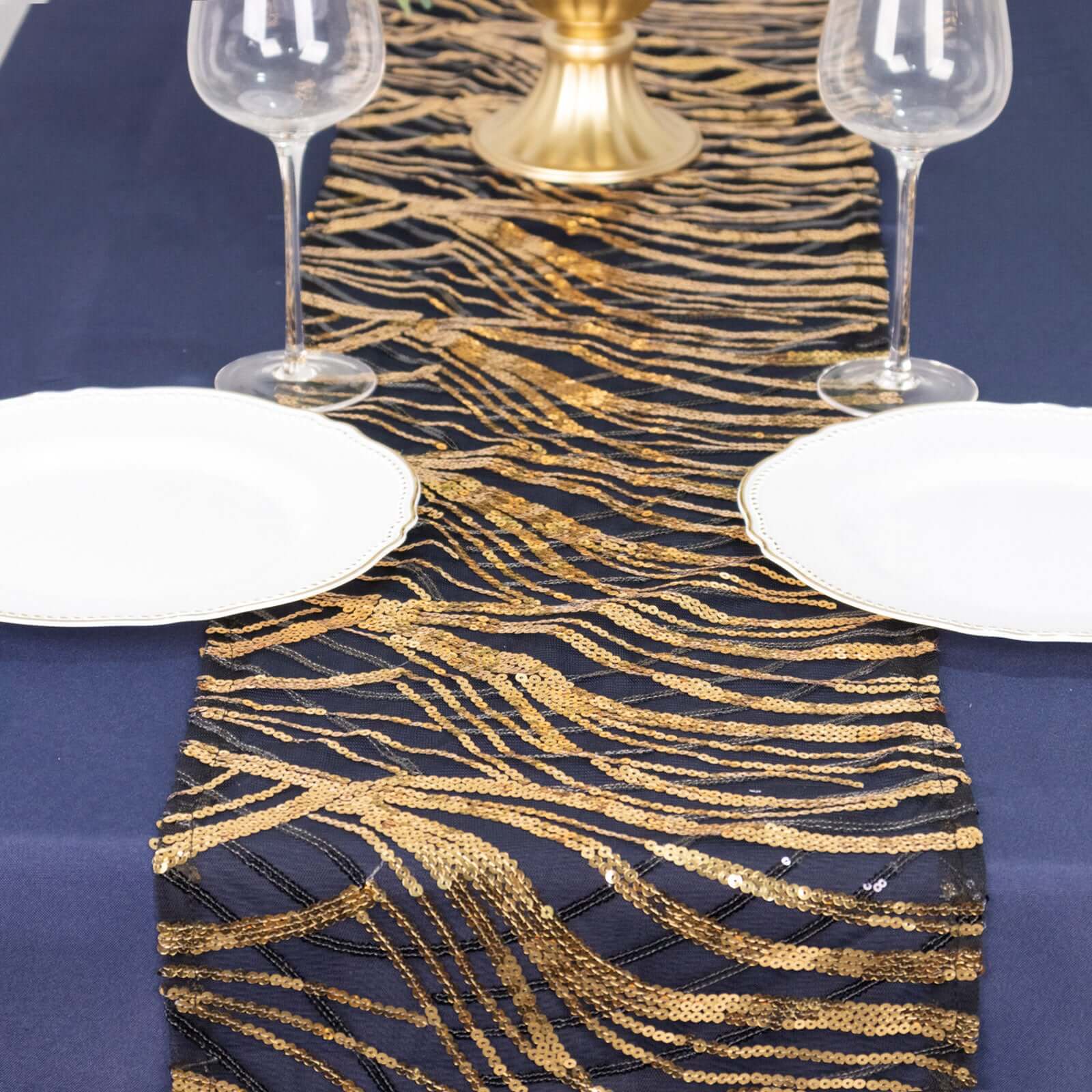 Sequin Mesh 12"x108" Table Runner Black Gold Stylish Wave Embroidery