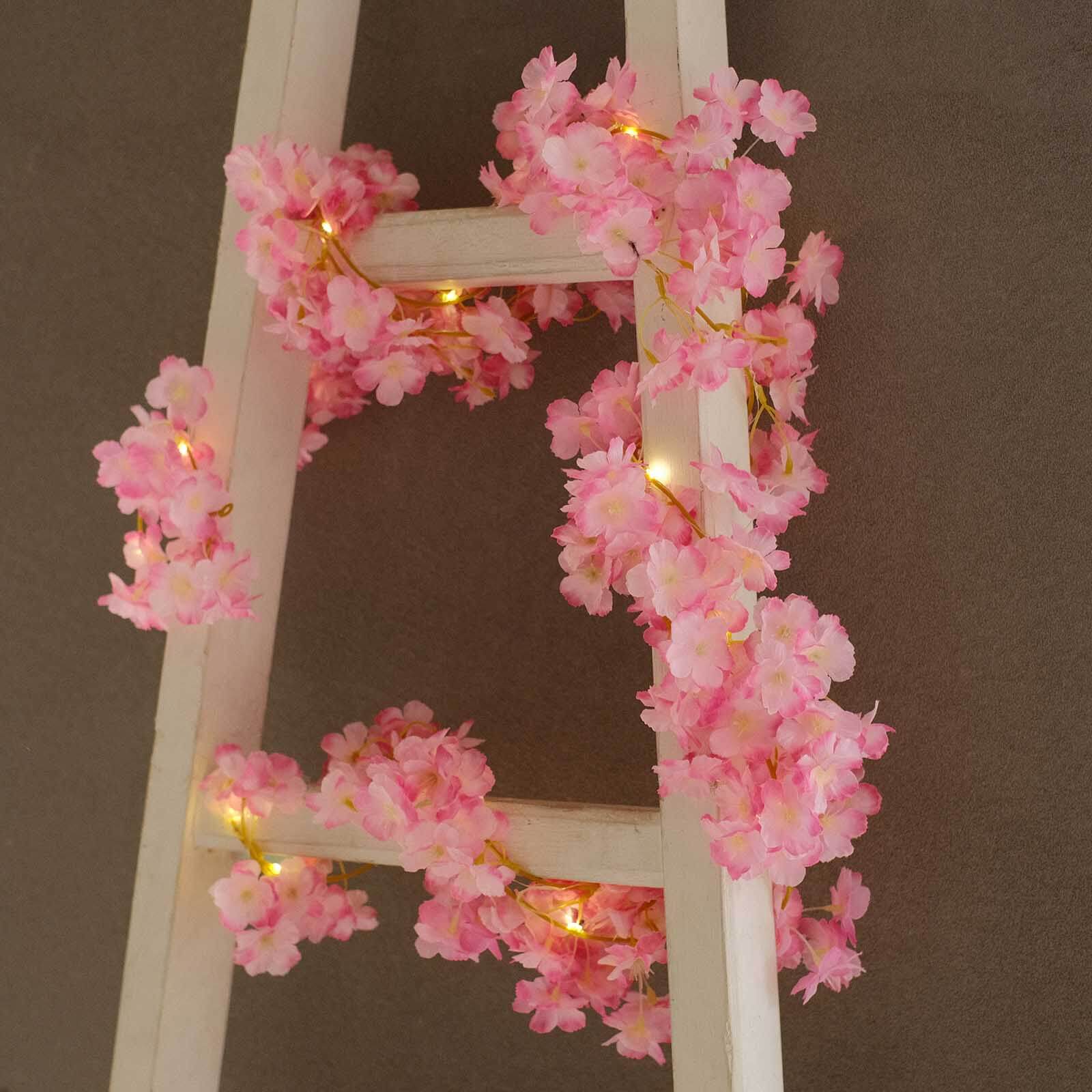 20 LED Garland Fairy String Lights Cherry Blossom Design Pink Warm White - Battery Operated Party Décor 6ft