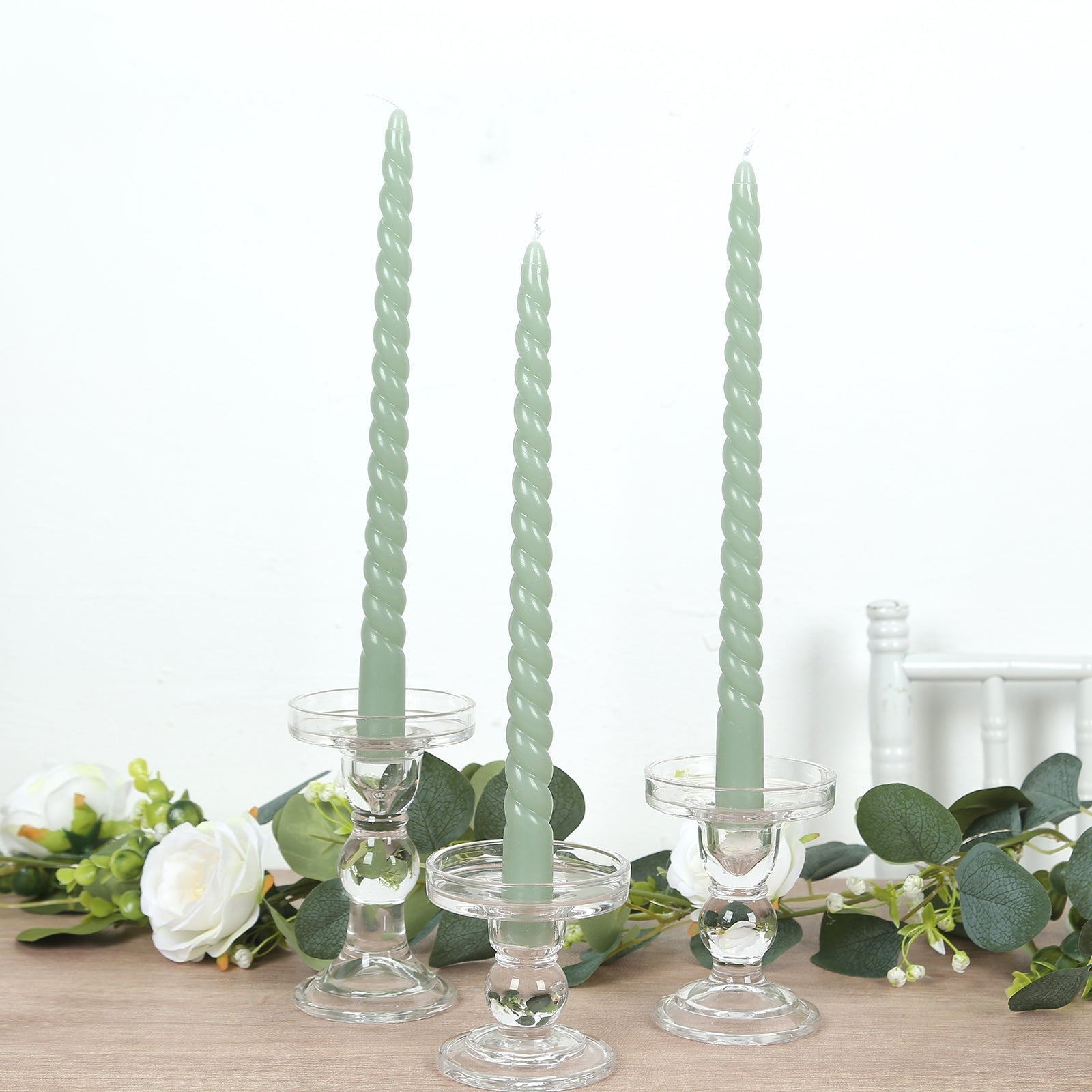 12 Pack 11" Sage Green Premium Unscented Spiral Wax Taper Candles, Long Burn Wick Dinner Candle Sticks