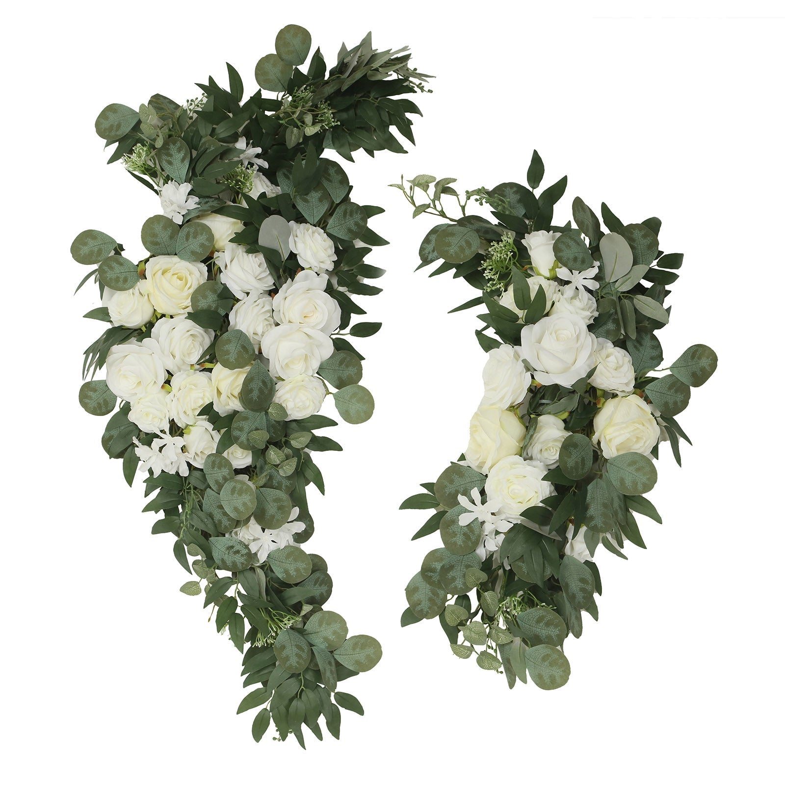 Set of 2 Silk Rose Floral Swag Wedding Arch Flowers in White with Eucalyptus Leaves, Large Artificial Flower Arrangement Garlands - 24",42"