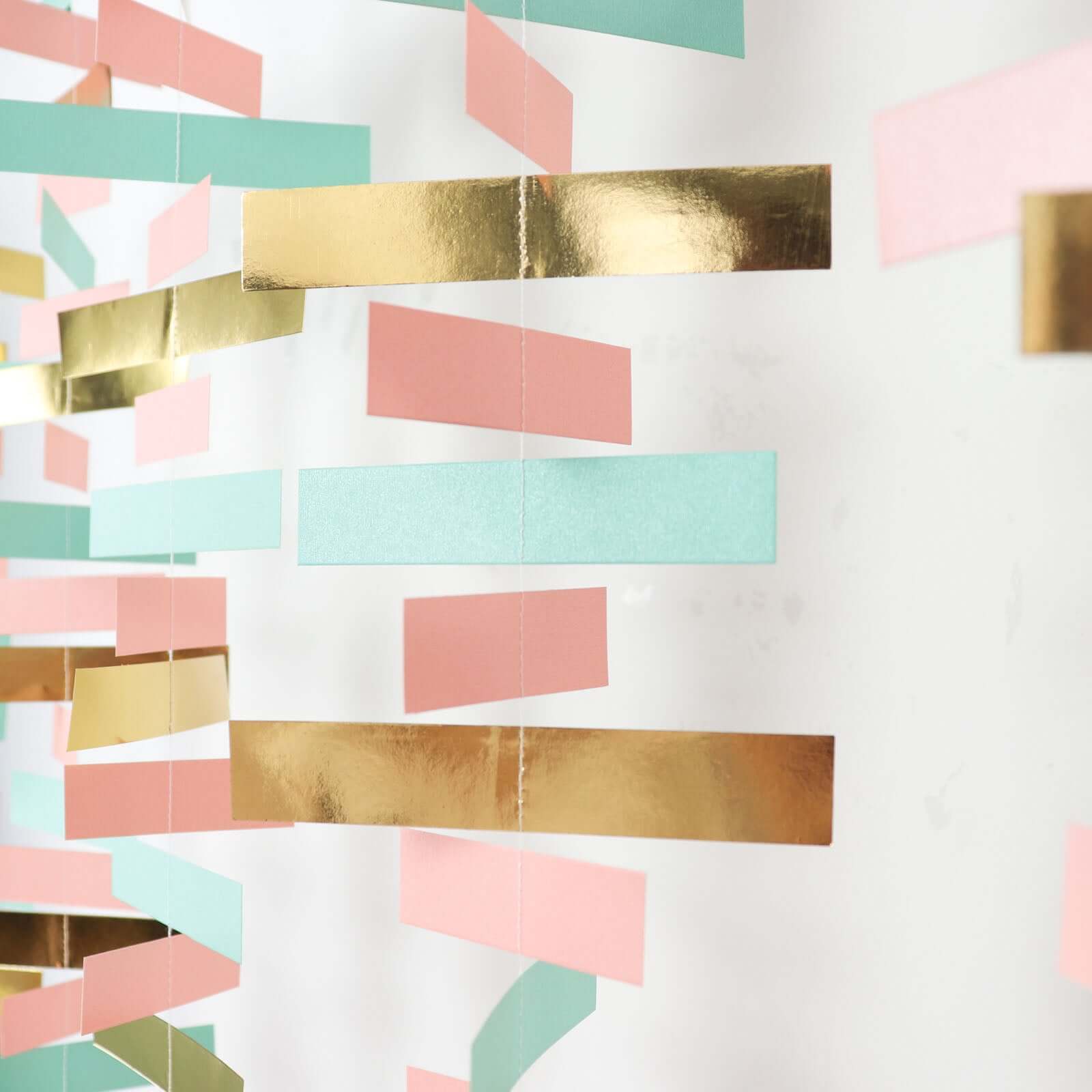Gold, Blush and Turquoise Confetti-Like Paper Party Garland Streamer, Hanging Backdrop Decoration - 6.5ft