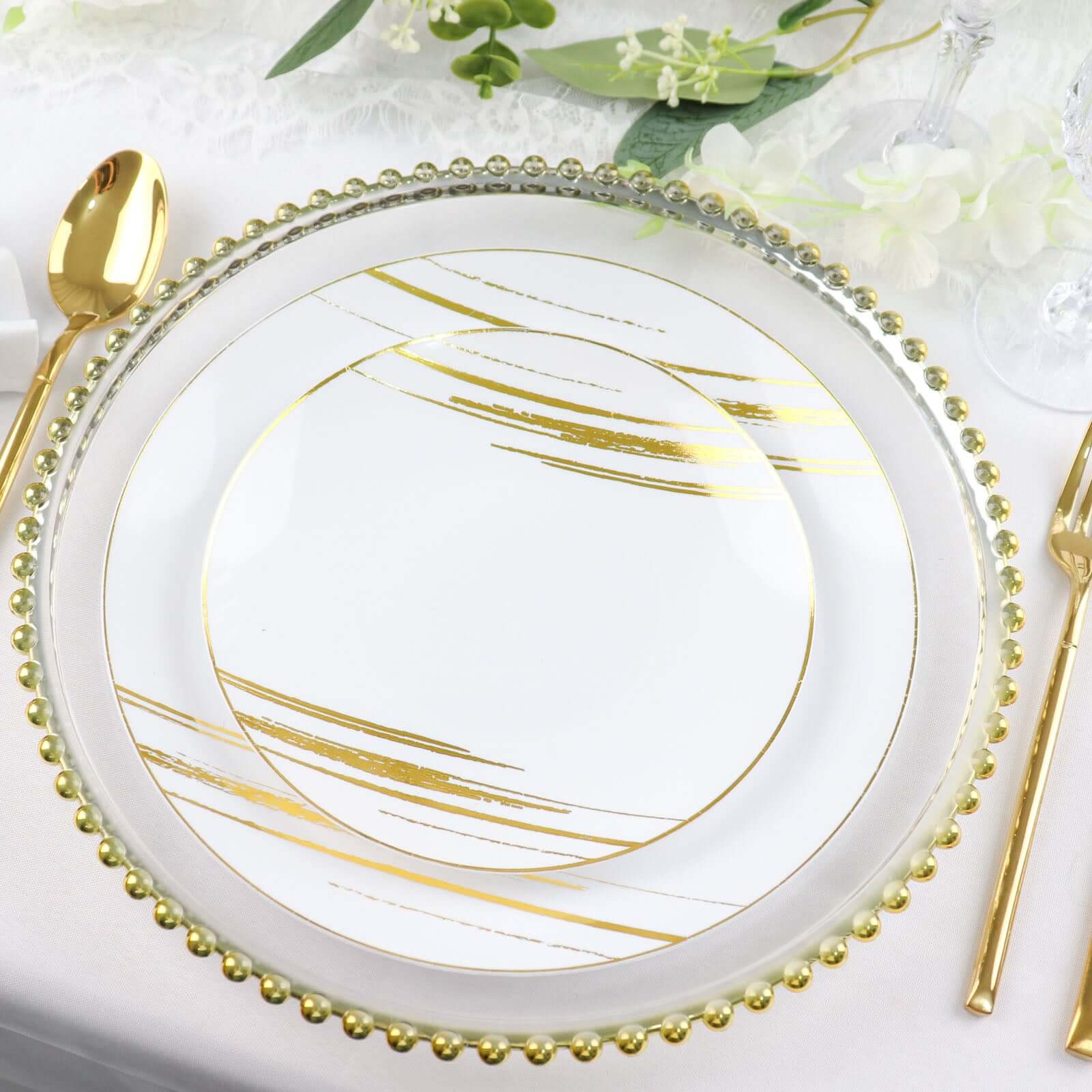 10-Pack Plastic 7" Round Dessert Plates in White with Gold Brush Stroked Print - Disposable Appetizer Salad Plates