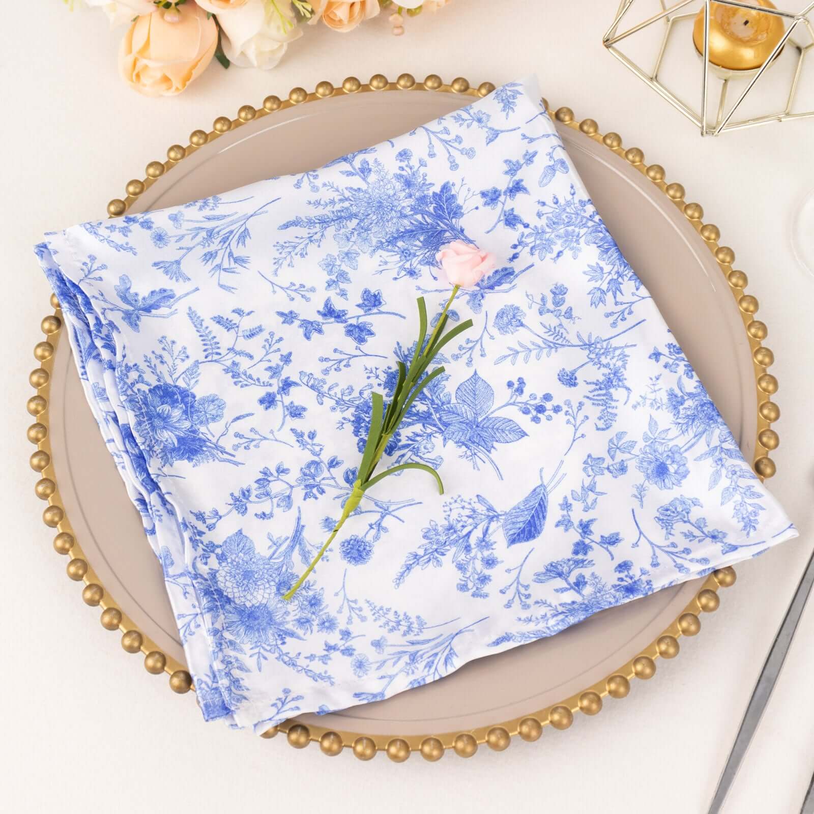 5 Pack Satin 20"x20" Napkins White/Blue French Toile Pattern - Classy & Easy to Maintain Cloth Napkins for Weddings & Events